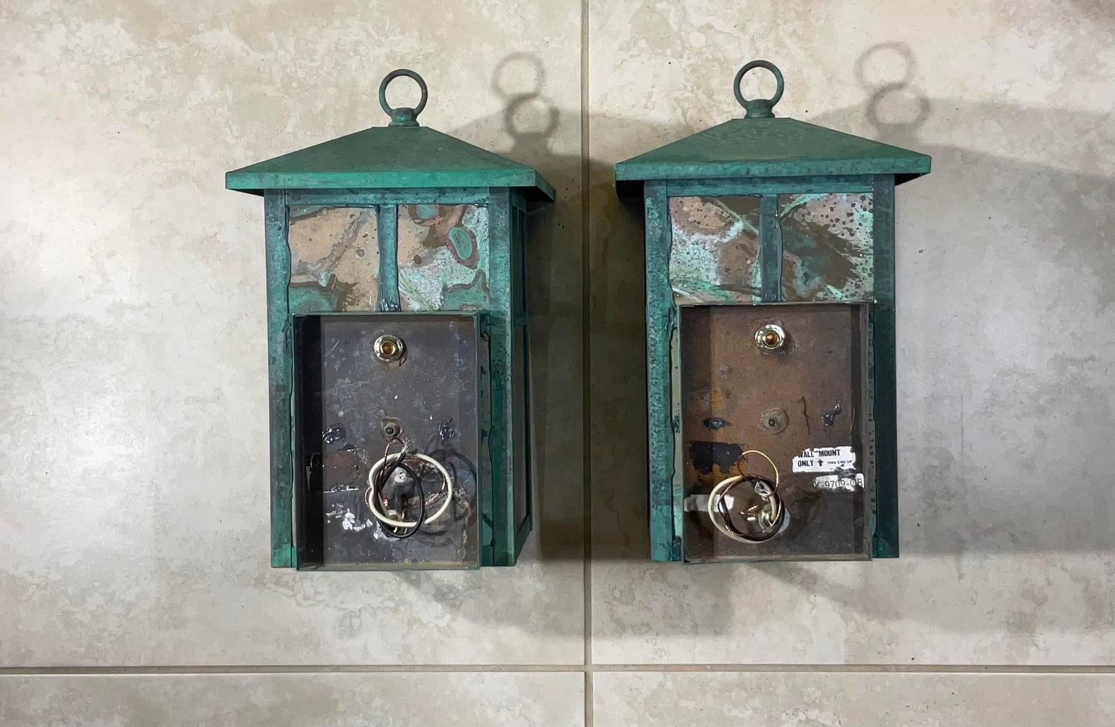 Vintage Pair of Solid Brass Outdoor Wall Lanterns - 13"h X 7".5w X 7".5d - 12
