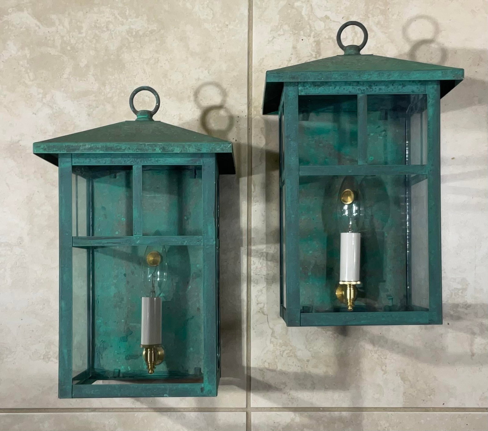 Vintage Pair of Solid Brass Outdoor Wall Lanterns - 13"h X 7".5w X 7".5d - 13