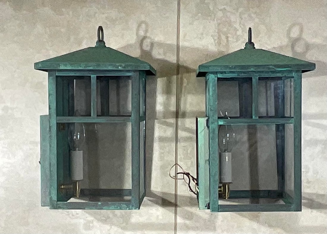 Vintage Pair of Solid Brass Outdoor Wall Lanterns - 13"h X 7".5w X 7".5d - 14
