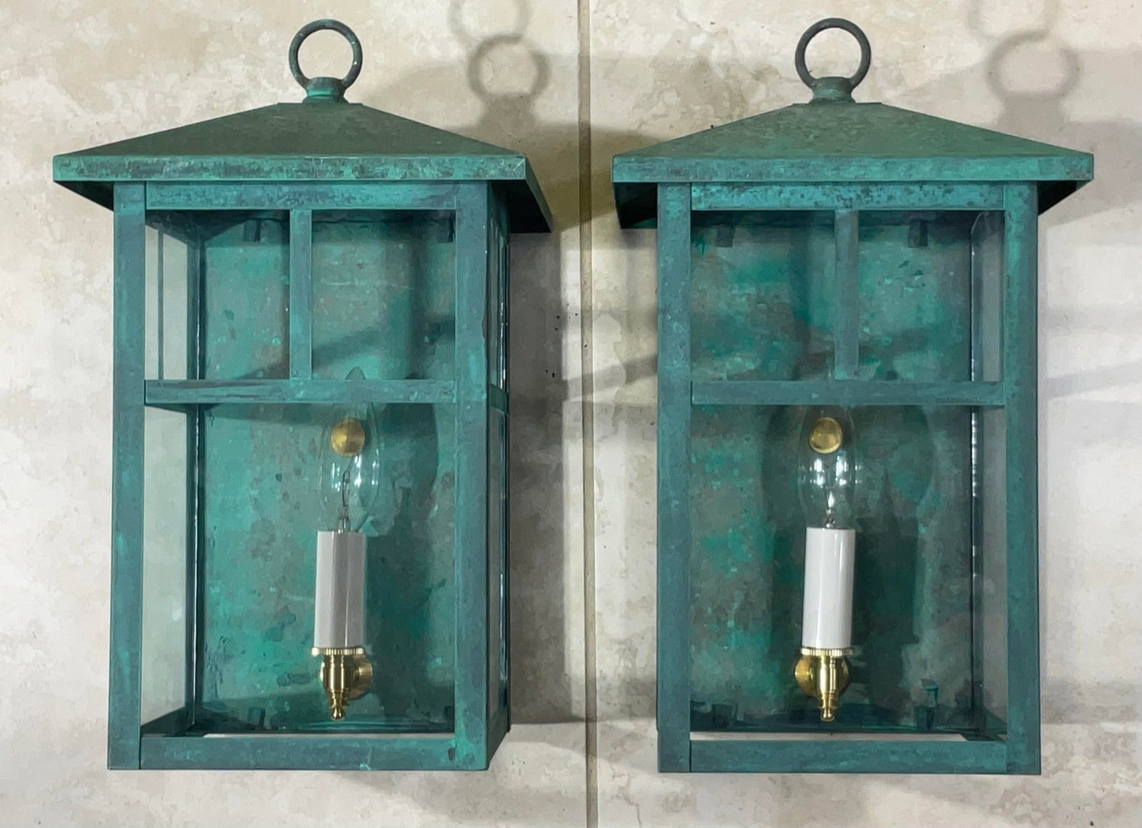 Vintage Pair of Solid Brass Outdoor Wall Lanterns - 13"h X 7".5w X 7".5d - 15
