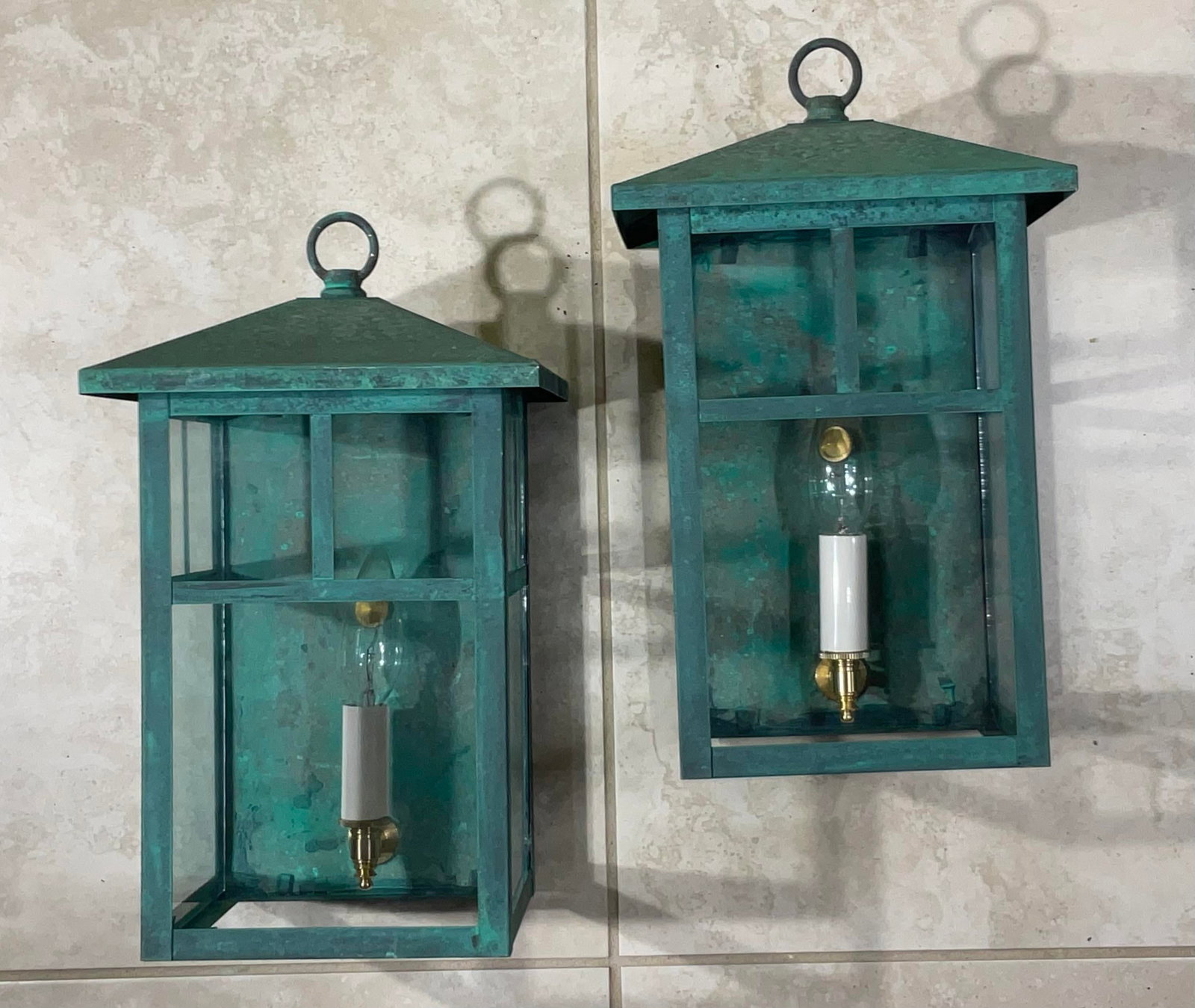 Vintage Pair of Solid Brass Outdoor Wall Lanterns - 13"h X 7".5w X 7".5d - 16