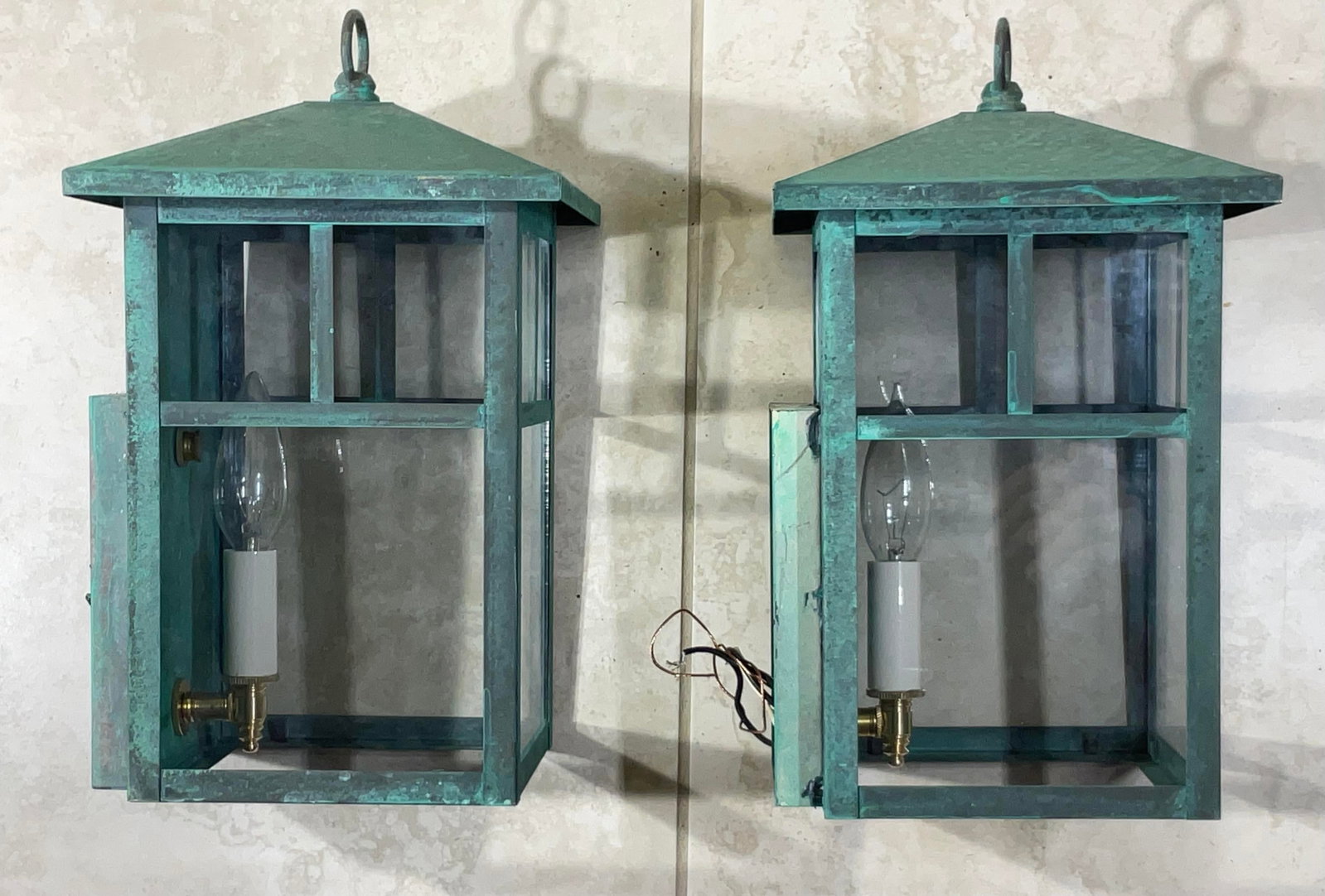 Vintage Pair of Solid Brass Outdoor Wall Lanterns - 13"h X 7".5w X 7".5d - 17