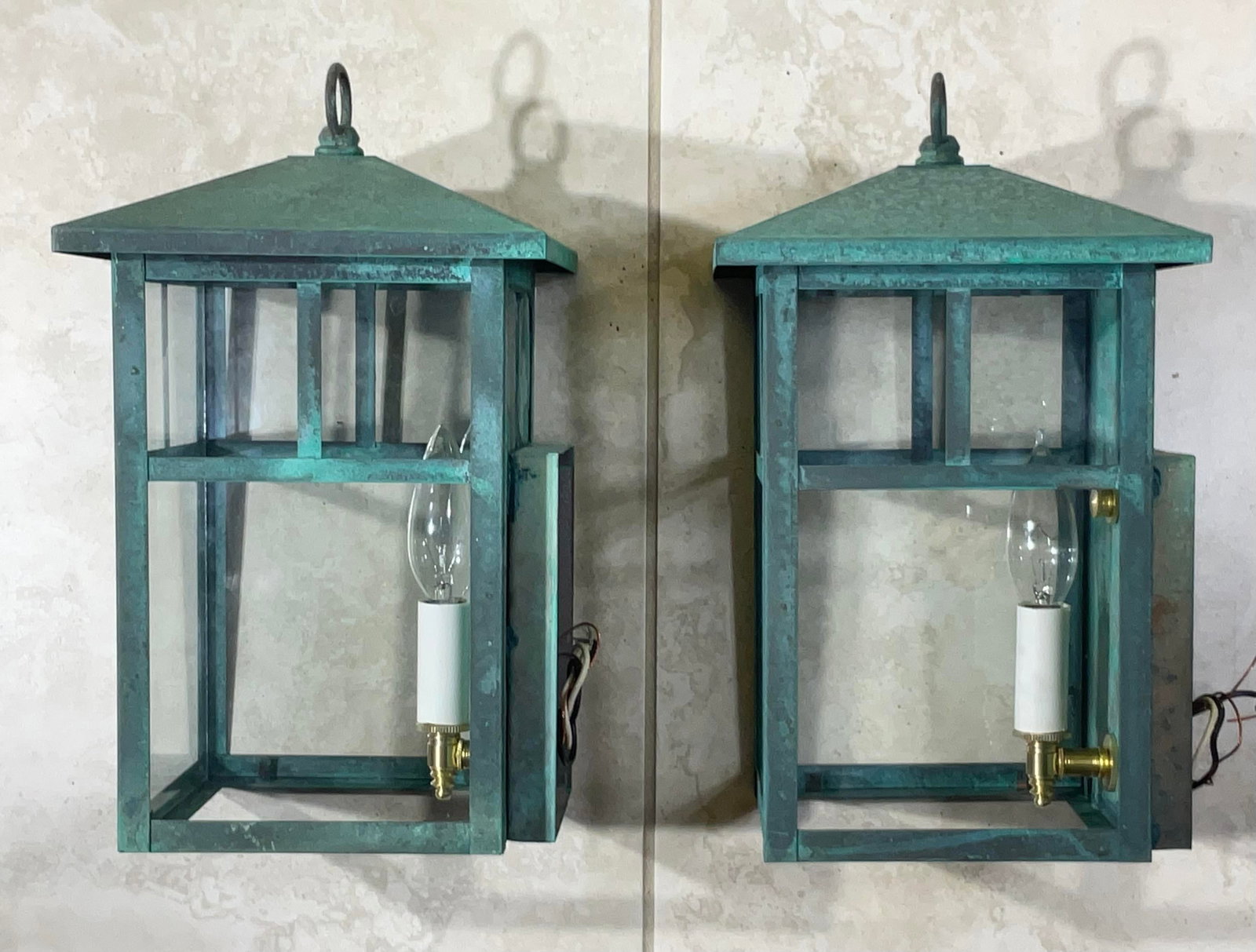 Vintage Pair of Solid Brass Outdoor Wall Lanterns - 13"h X 7".5w X 7".5d - 18
