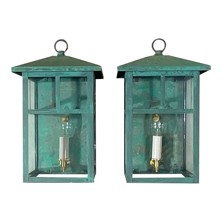Vintage Pair of Solid Brass Outdoor Wall Lanterns - 13"h X 7".5w X 7".5d (1 of 18)