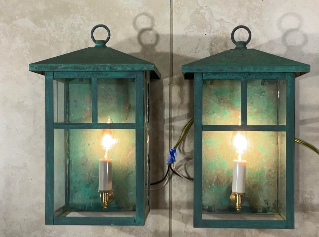 Vintage Pair of Solid Brass Outdoor Wall Lanterns - 13"h X 7".5w X 7".5d - 2