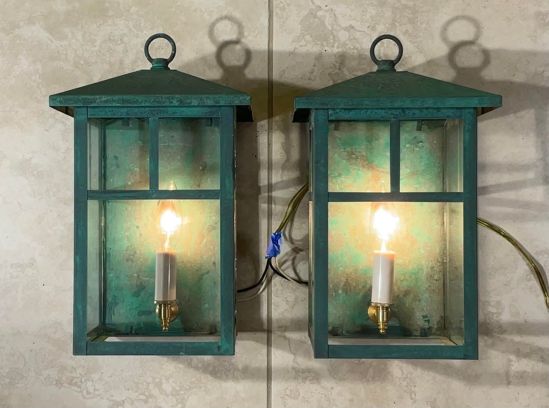 Vintage Pair of Solid Brass Outdoor Wall Lanterns - 13"h X 7".5w X 7".5d - 3