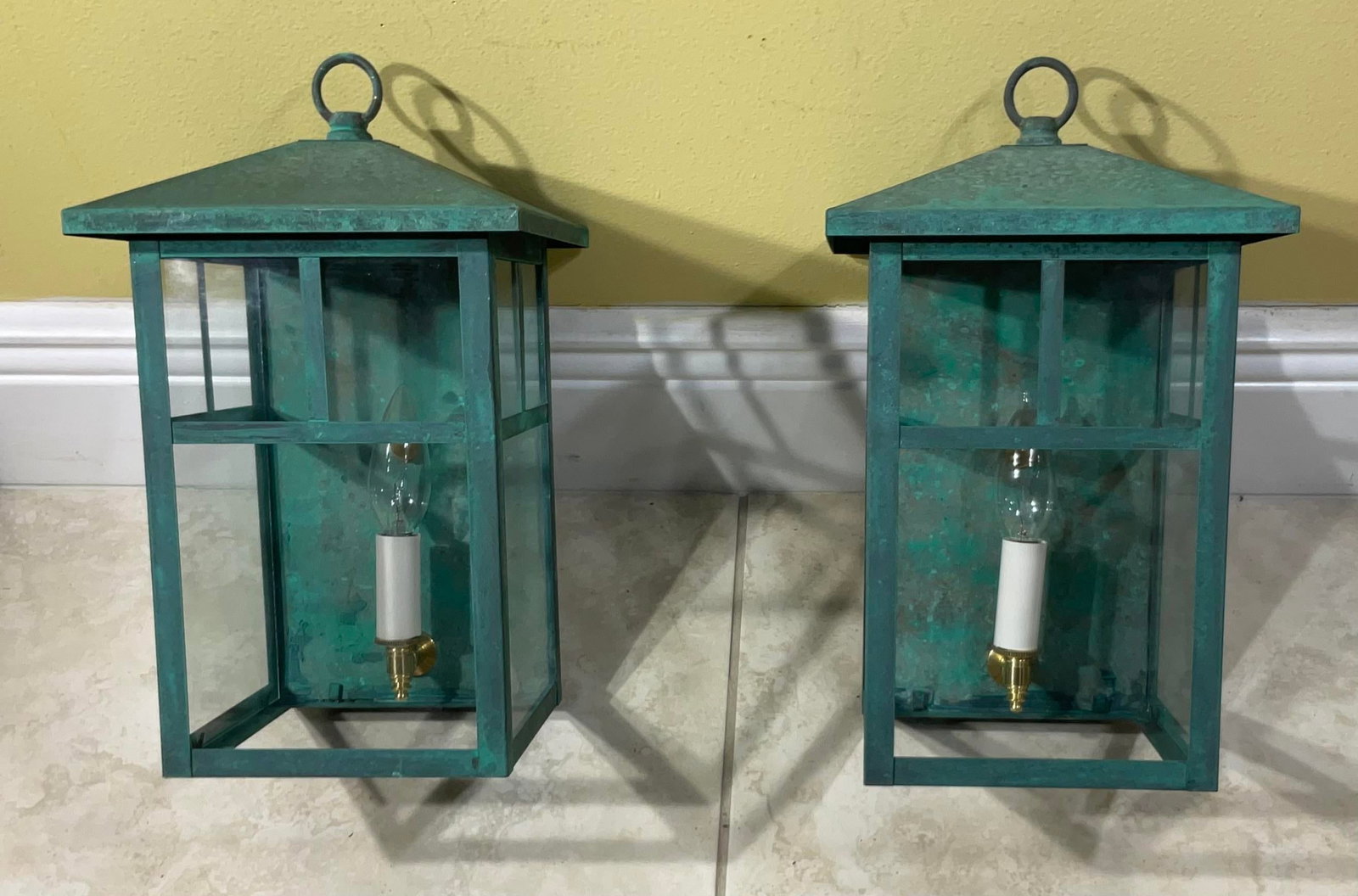 Vintage Pair of Solid Brass Outdoor Wall Lanterns - 13"h X 7".5w X 7".5d - 4