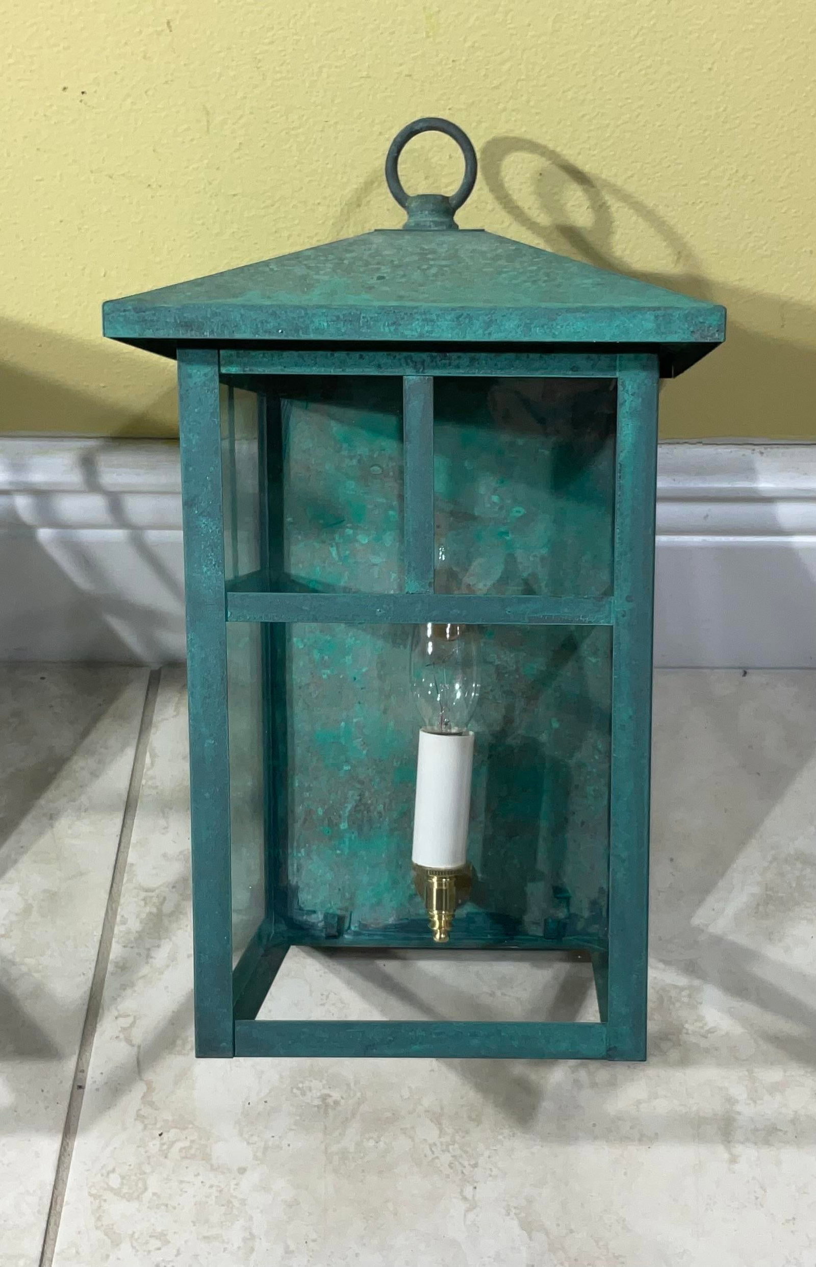 Vintage Pair of Solid Brass Outdoor Wall Lanterns - 13"h X 7".5w X 7".5d - 5