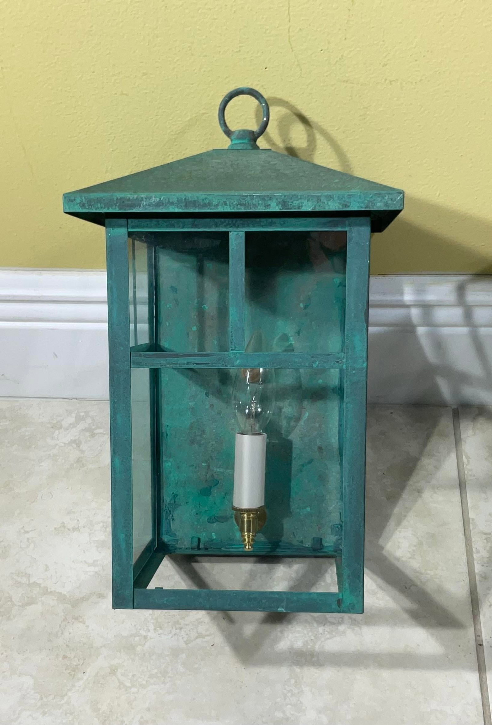 Vintage Pair of Solid Brass Outdoor Wall Lanterns - 13"h X 7".5w X 7".5d - 6