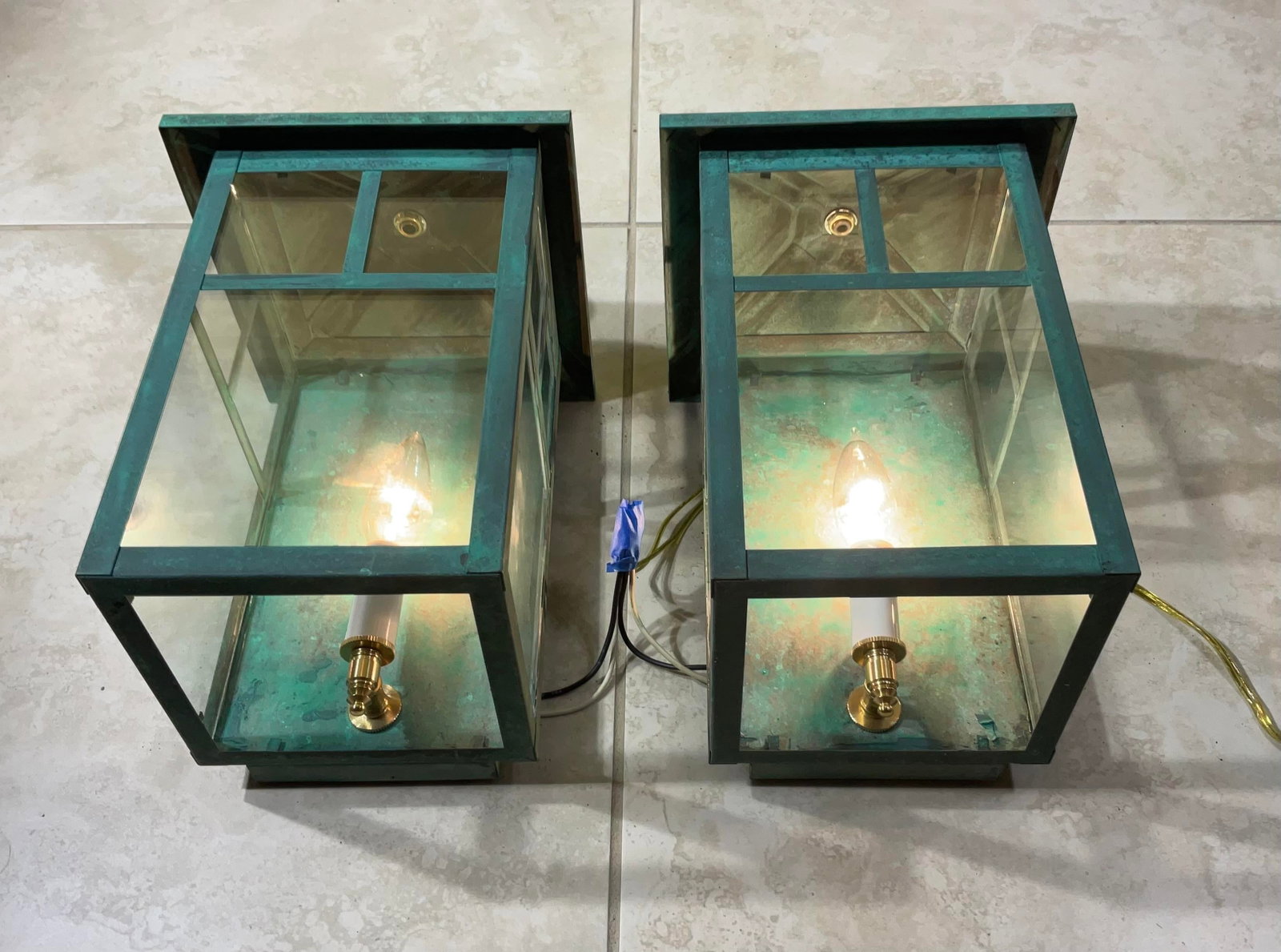 Vintage Pair of Solid Brass Outdoor Wall Lanterns - 13"h X 7".5w X 7".5d - 7
