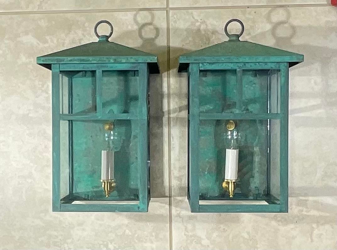 Vintage Pair of Solid Brass Outdoor Wall Lanterns - 13"h X 7".5w X 7".5d - 8