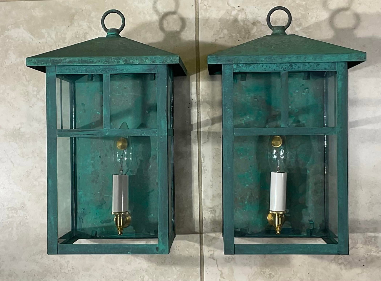 Vintage Pair of Solid Brass Outdoor Wall Lanterns - 13"h X 7".5w X 7".5d - 9