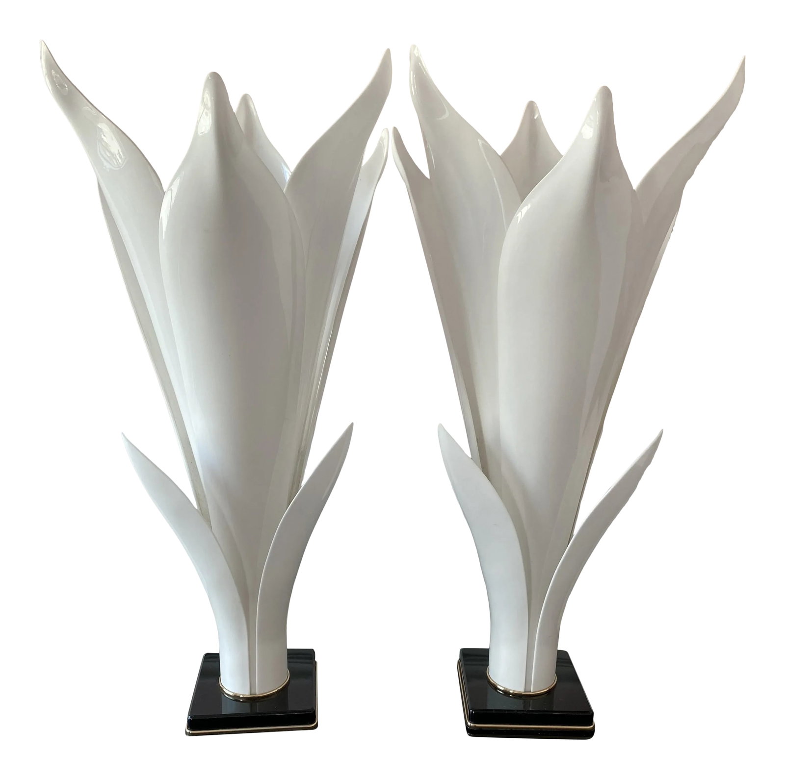 1980s Rougier Lucite Table Lamps - a Pair: PRETTY PLEASE READ: one lamp is intact but sadly someone came to our showroom and broke a petal off the other lamp (whaaaaaaaa ). Gorgeous pair of white opaque Lucite petals with a black base table