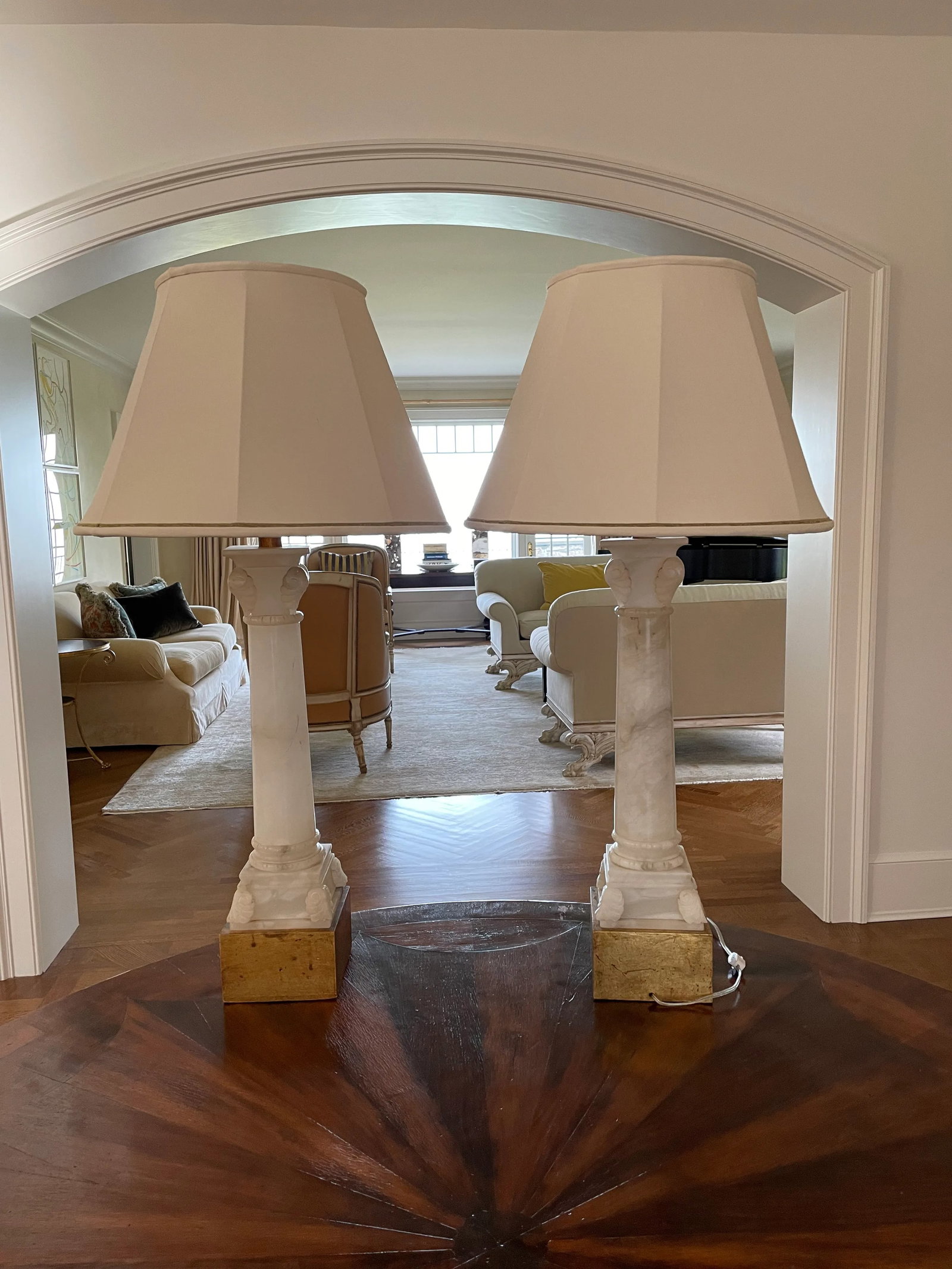 Mid 20th Century Neoclassic Alabaster Lamps With Custom Silk Shades and Gilt Bases - A Pair - 12