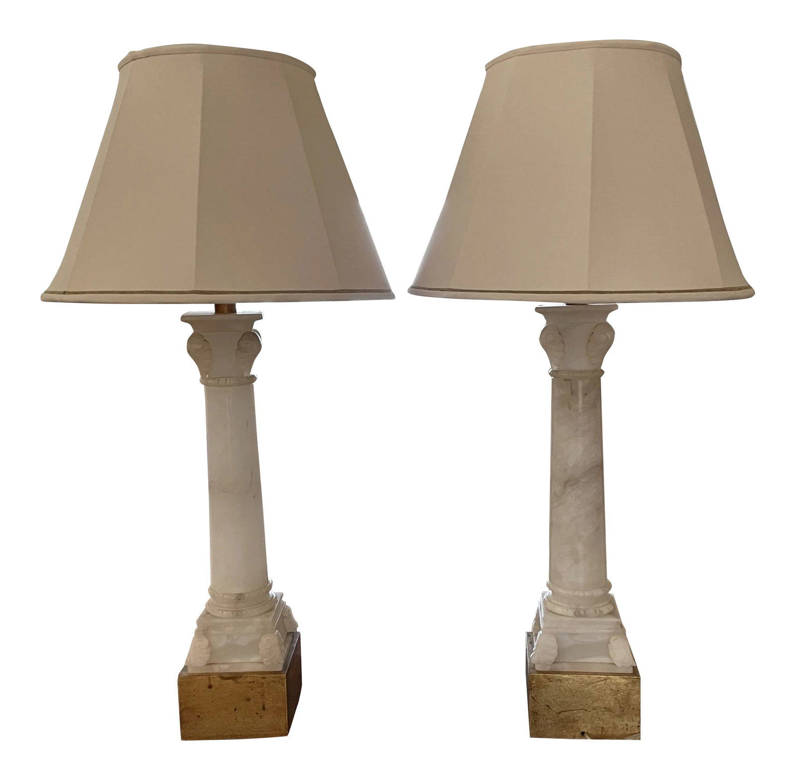 Mid 20th Century Neoclassic Alabaster Lamps With Custom Silk Shades and Gilt Bases - A Pair: Two Stunning vintage extra large scale Neo-classic alabaster lamps. Base measures 6 inches and lamps are 24 inches to top of alabaster column and 36 inches to top of harp. These are just gorgeous lamp