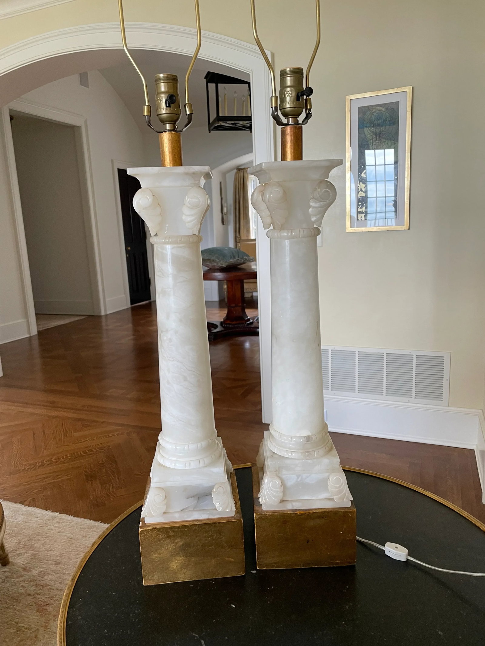 Mid 20th Century Neoclassic Alabaster Lamps With Custom Silk Shades and Gilt Bases - A Pair - 2