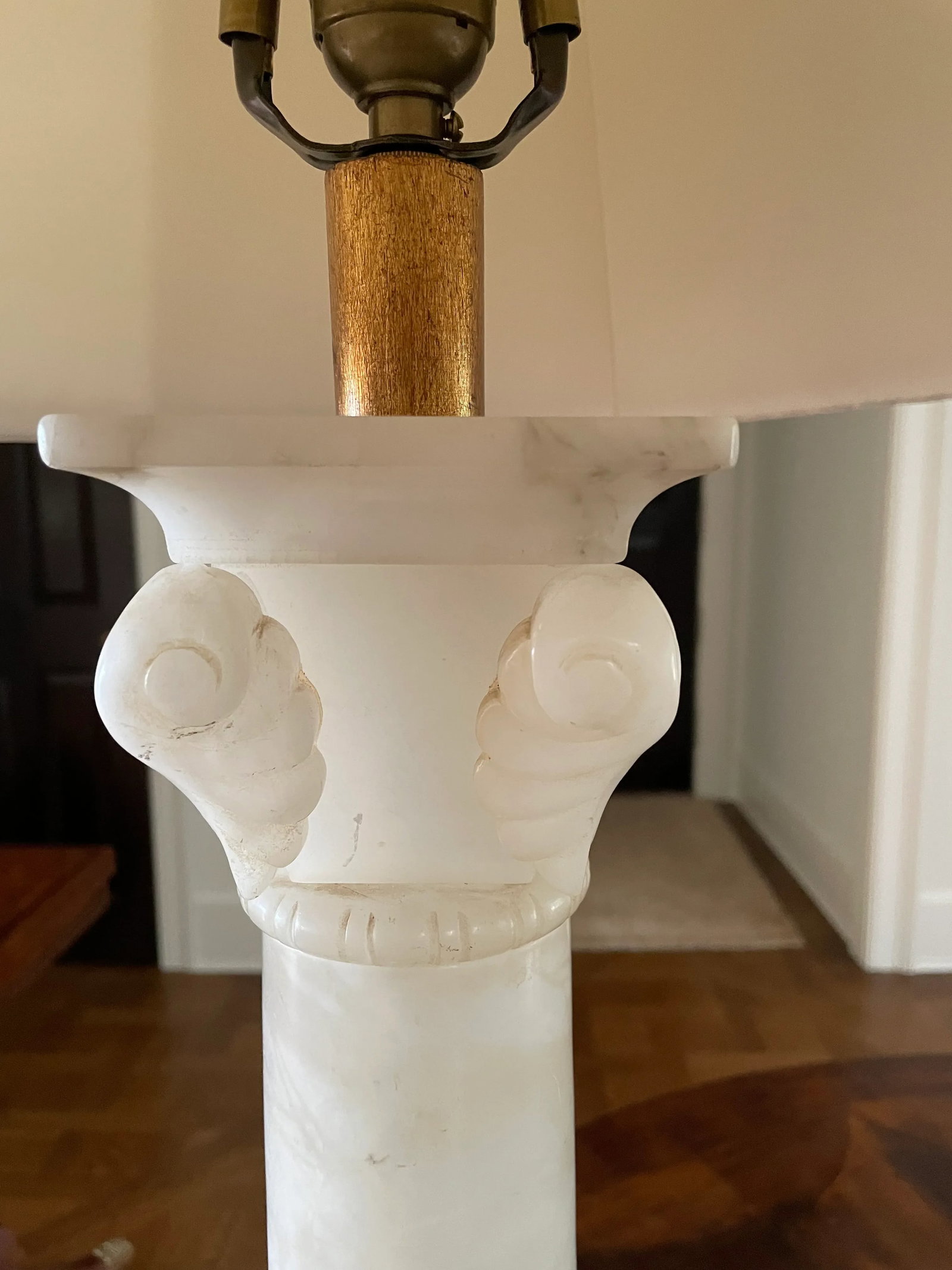Mid 20th Century Neoclassic Alabaster Lamps With Custom Silk Shades and Gilt Bases - A Pair - 3