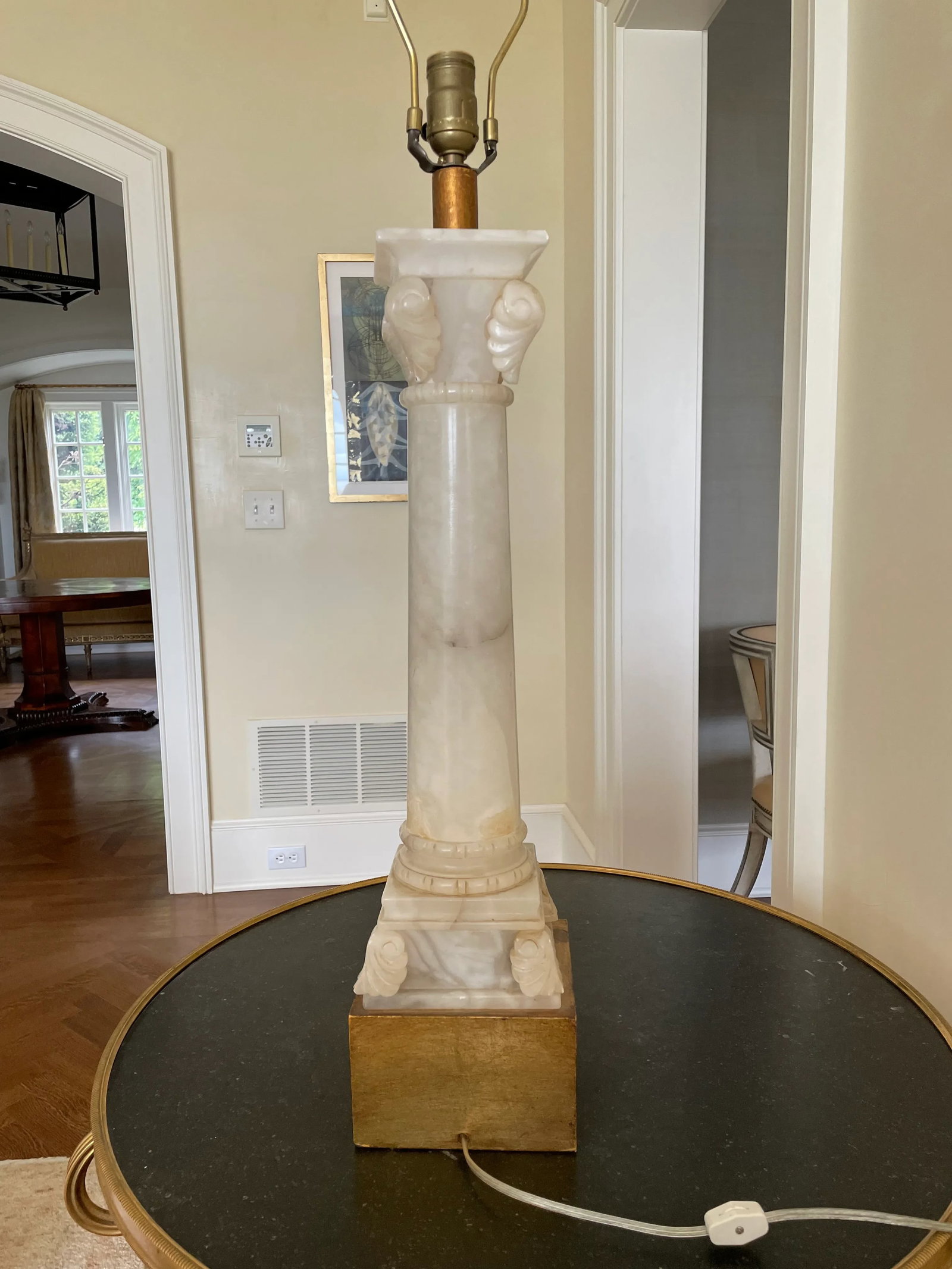 Mid 20th Century Neoclassic Alabaster Lamps With Custom Silk Shades and Gilt Bases - A Pair - 8