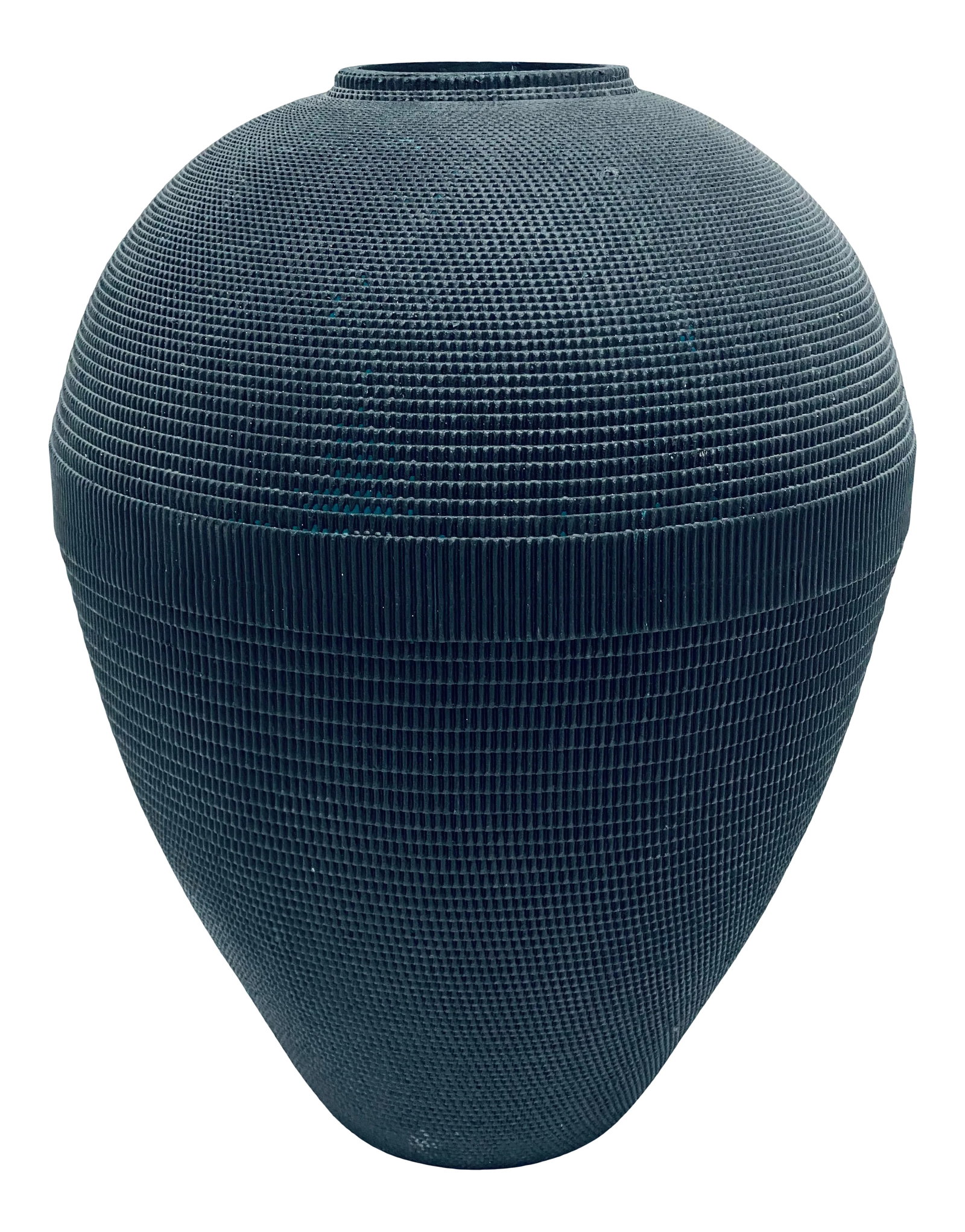 Postmodern Black Corrugated Cardboard Vase by Flute, Chicago: Corrugated cardboard vase rendered in matte black by Flute, Chicago circa 1980s. Best to use with dried arrangements. Condition: Alterations: Original Condition Unaltered Imperfections: Some Imperfect
