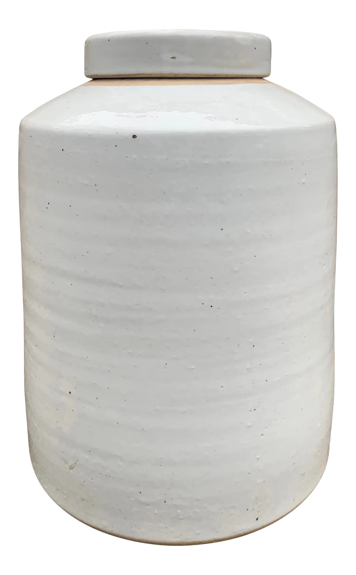 Modern Chinese White Glazed Ginger Jar: A strong but silent 21st century Chinese white glazed porcelain ginger jar with a lid and straight sides. Perfect as is, or filled with flowers, branches, or any other myriad vices you might have. Con
