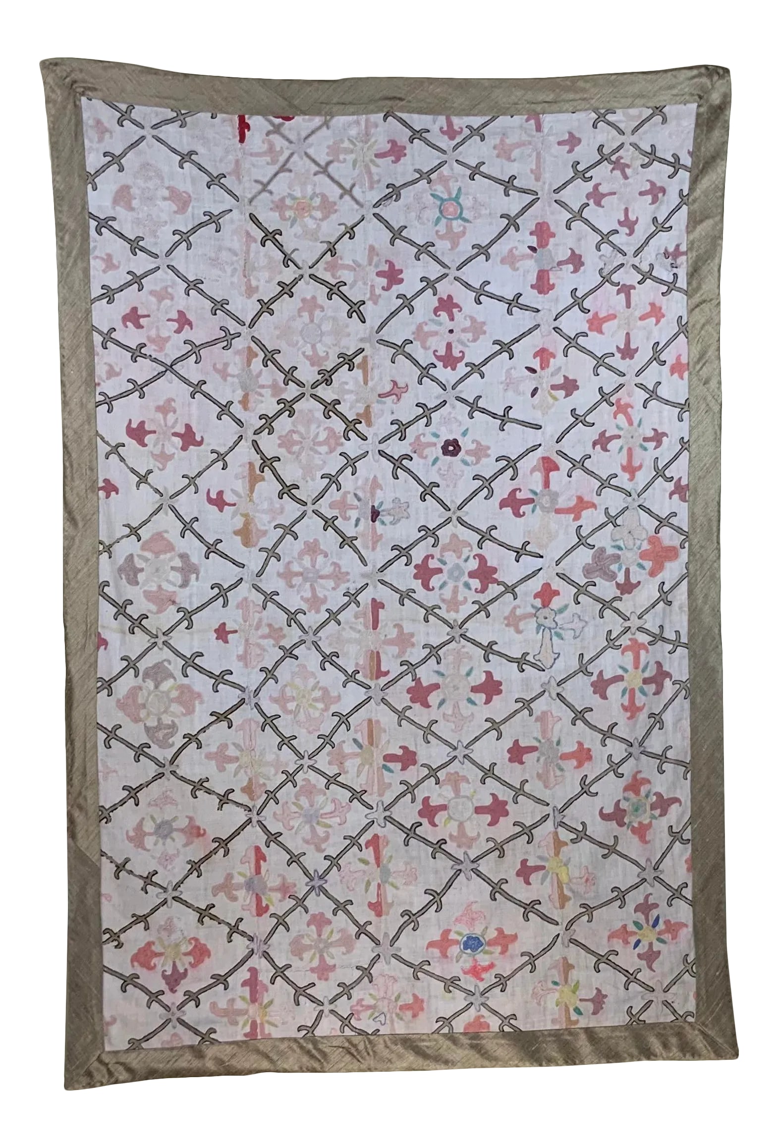 Antique Suzani Fragment Panel Wall Hanging: Antique Suzani textile made of hand embroidery intricate scrolling of eight large flowers motifs on a handwoven cotton background. Professionally cleaned and backed with fine textile. Could use as wal