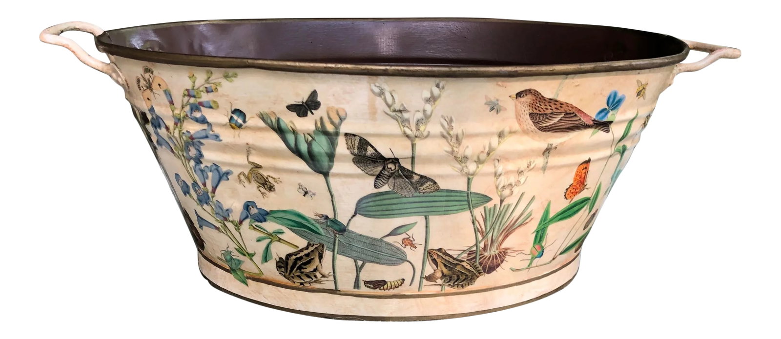 1990s French Footbath With Susan Carson Decoupage: Whimsical Fawn and Flora antique footpath decoupaged in the late 90's by Charlotte designer Susan Carson. All of Susans pieces were one of a kind collectibles. One of Susans largest collectors over