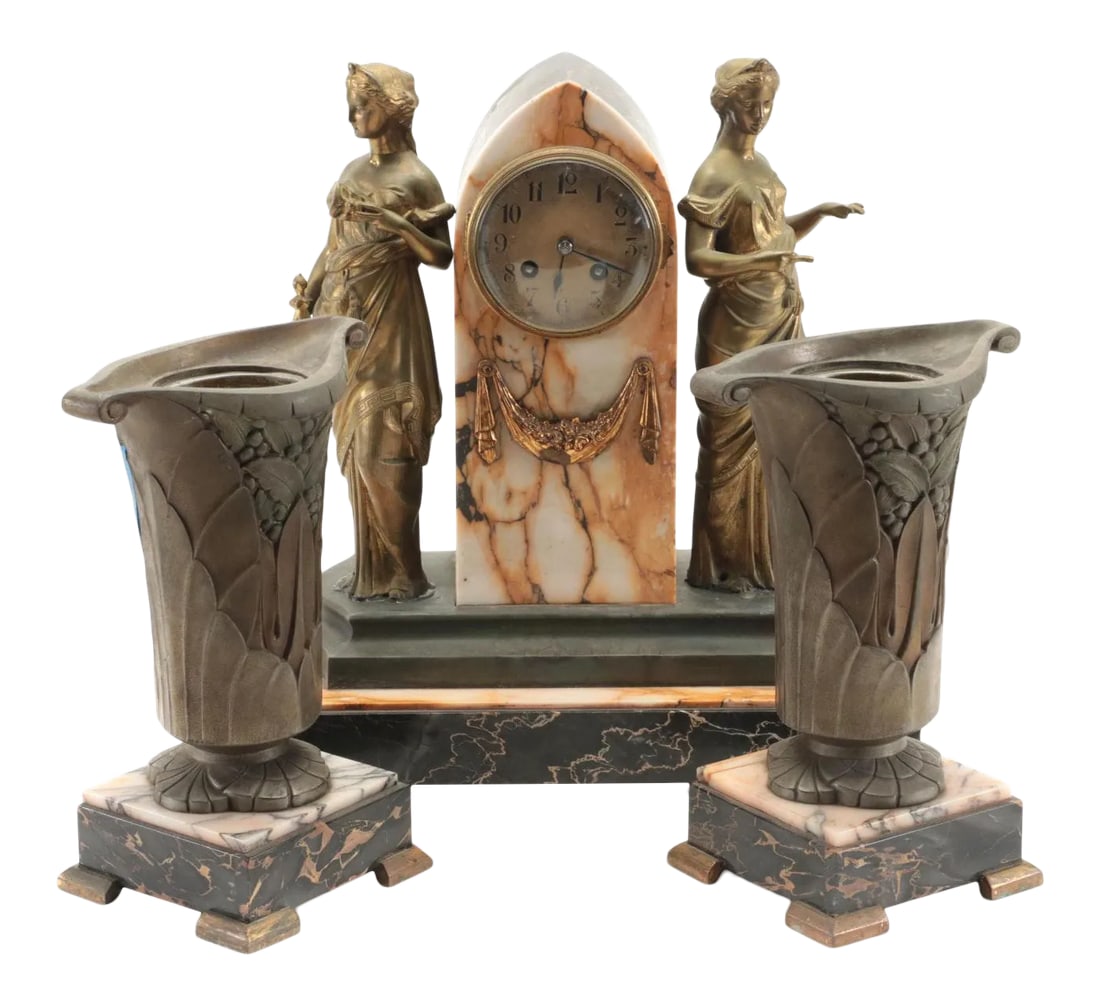 Late 19th Century French Art Nouveau Marble Clock Garniture - 3 Pieces (1 of 9)