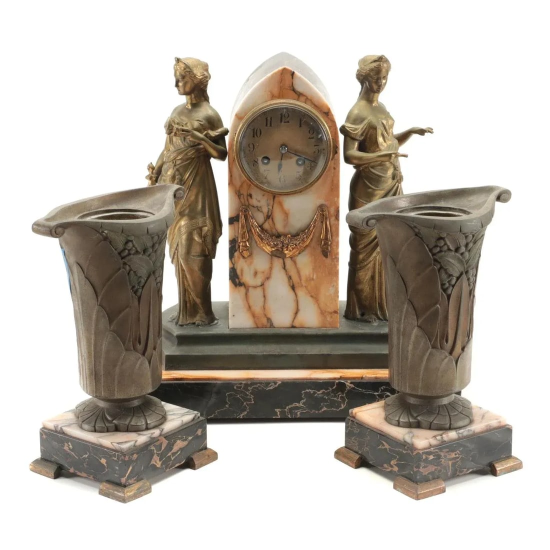 Late 19th Century French Art Nouveau Marble Clock Garniture - 3 Pieces - 9