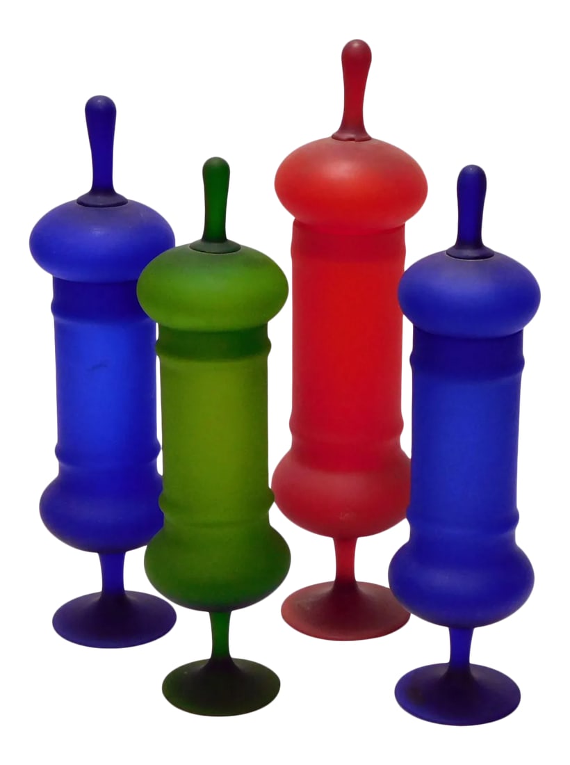 1960s Carlo Moretti Satin Glass Apothecary Jars - Set of 4: Each of colored Satinato glass with domed lids above a cylindrical body over a splayed foot. Made in the 1960s. Condition: Alterations: Original Condition Unaltered Imperfections: Some Imperfections