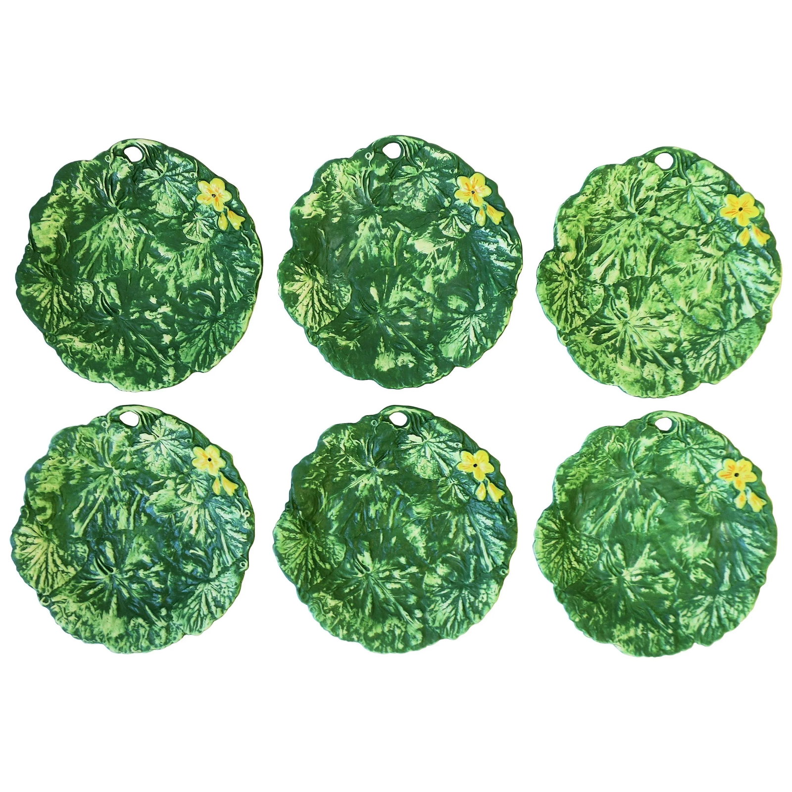 Italian Designer Green & Yellow Matte Pottery Plates with Lotus Leaf & Flower, 6 - 10