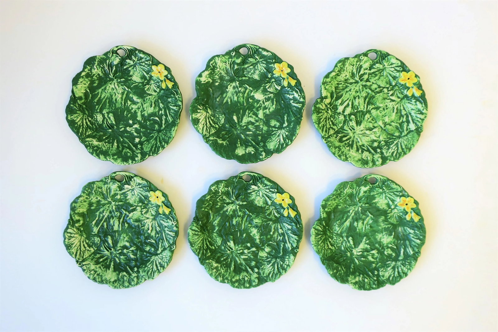 Italian Designer Green & Yellow Matte Pottery Plates with Lotus Leaf & Flower, 6 - 2