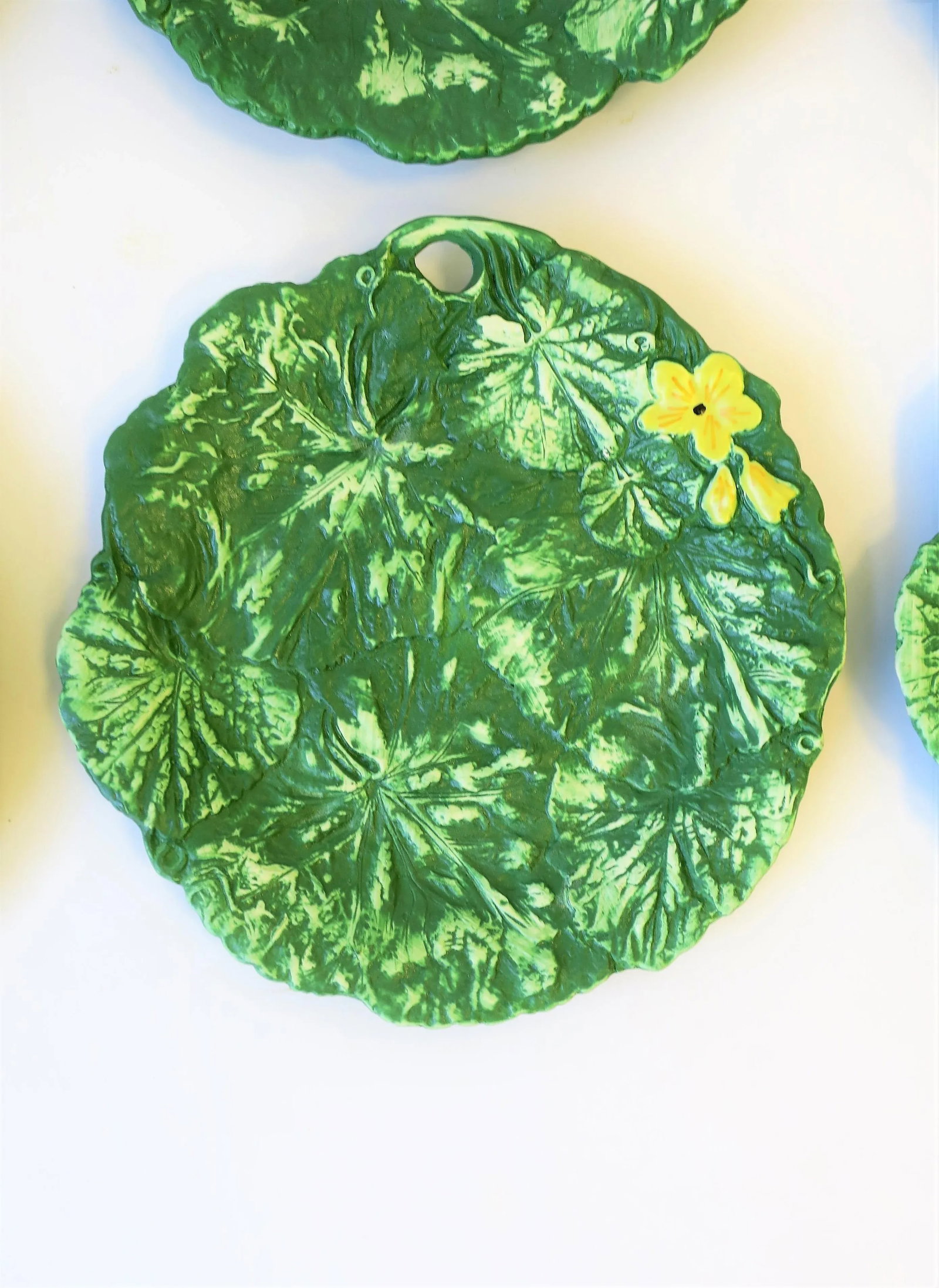 Italian Designer Green & Yellow Matte Pottery Plates with Lotus Leaf & Flower, 6 - 3