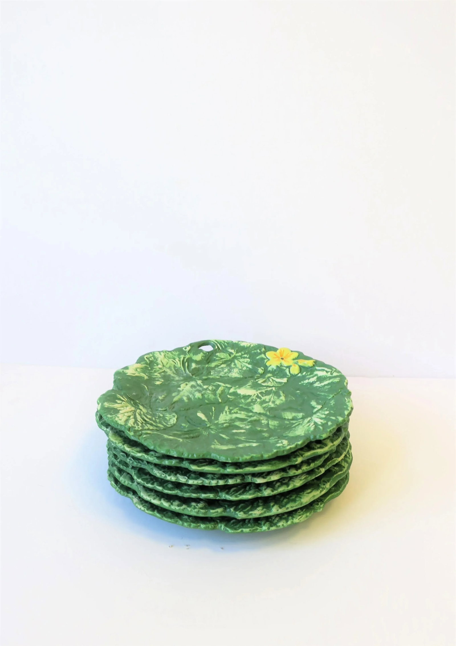 Italian Designer Green & Yellow Matte Pottery Plates with Lotus Leaf & Flower, 6 - 4