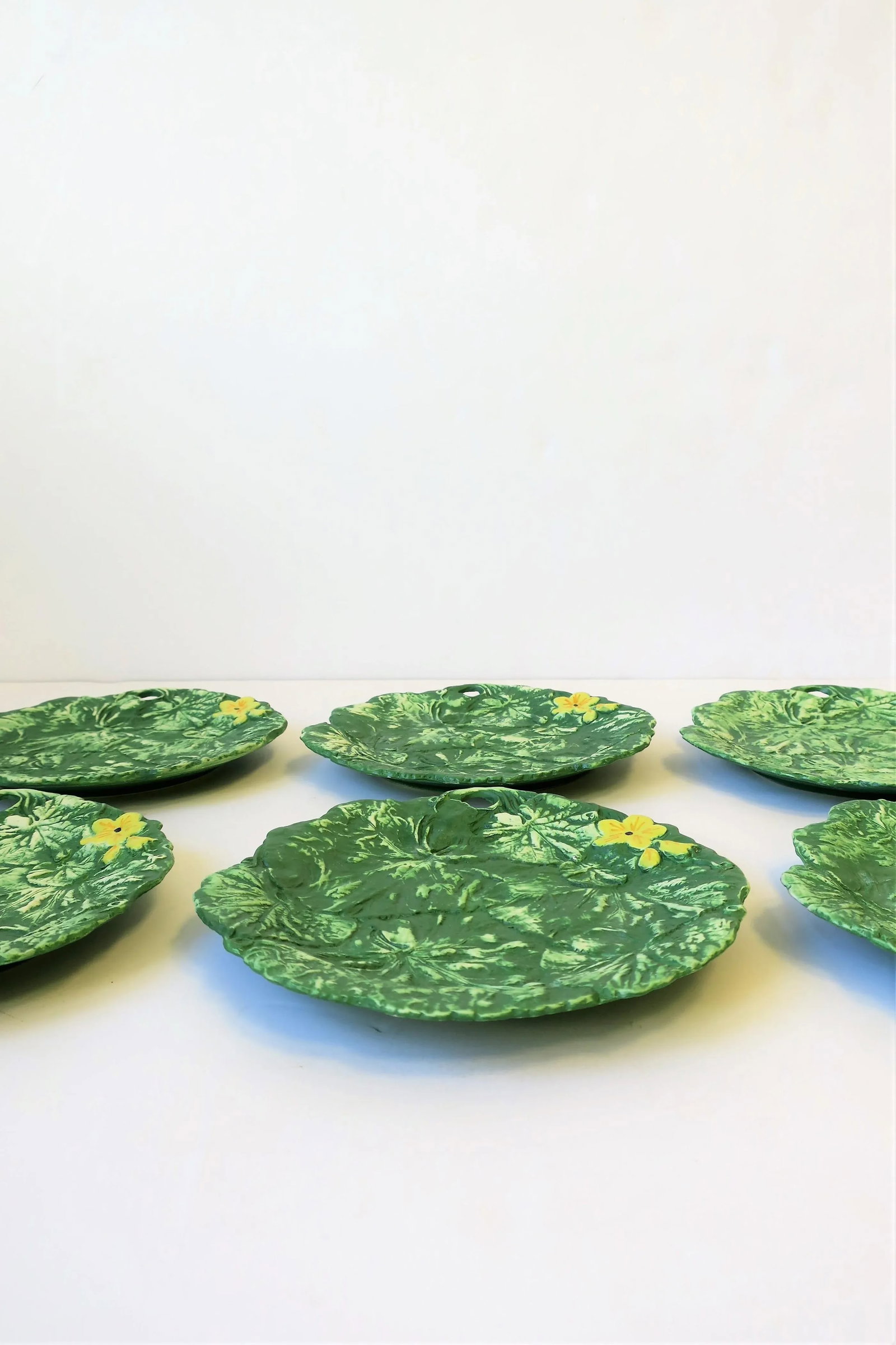 Italian Designer Green & Yellow Matte Pottery Plates with Lotus Leaf & Flower, 6 - 5