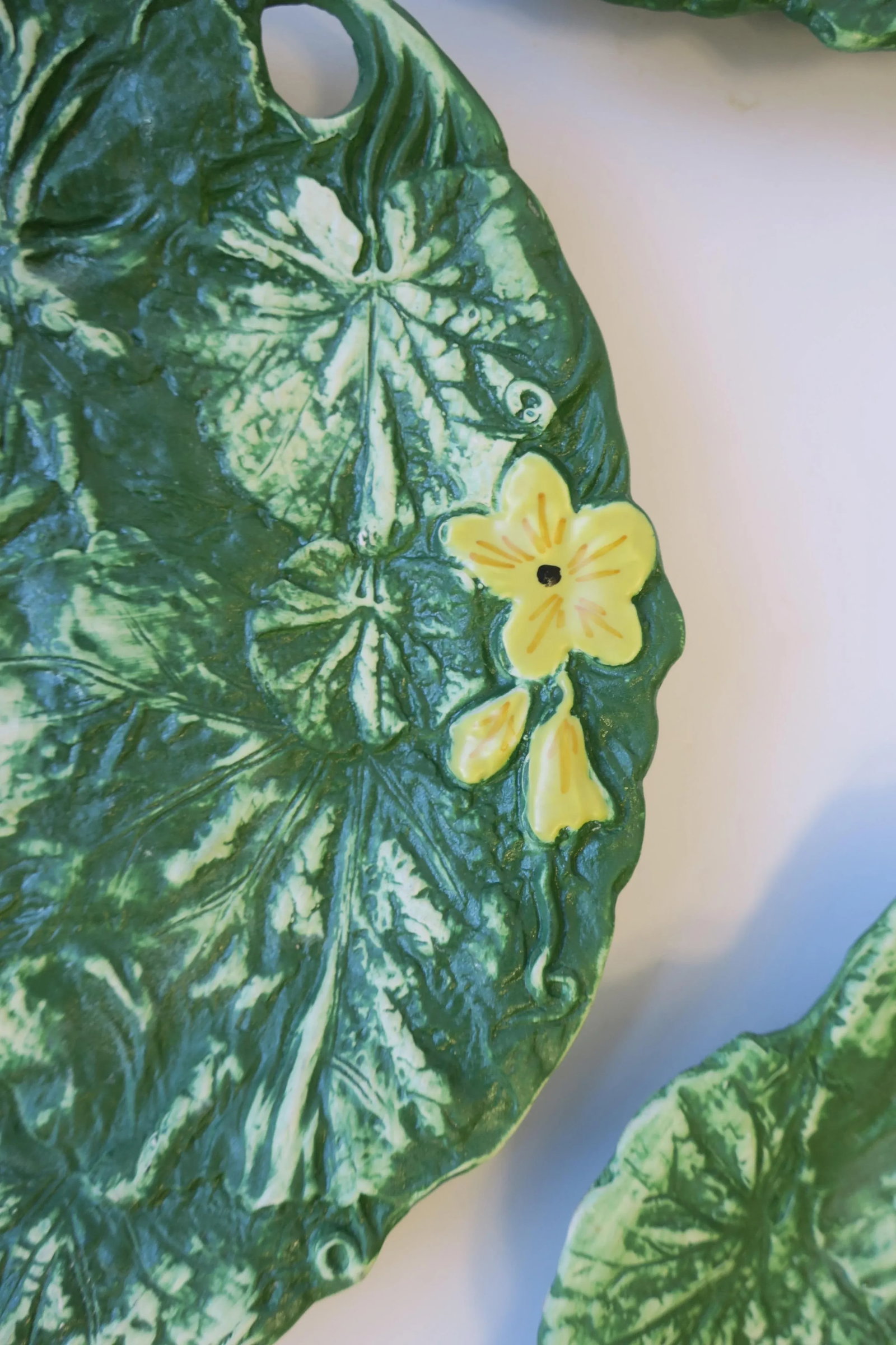 Italian Designer Green & Yellow Matte Pottery Plates with Lotus Leaf & Flower, 6 - 6
