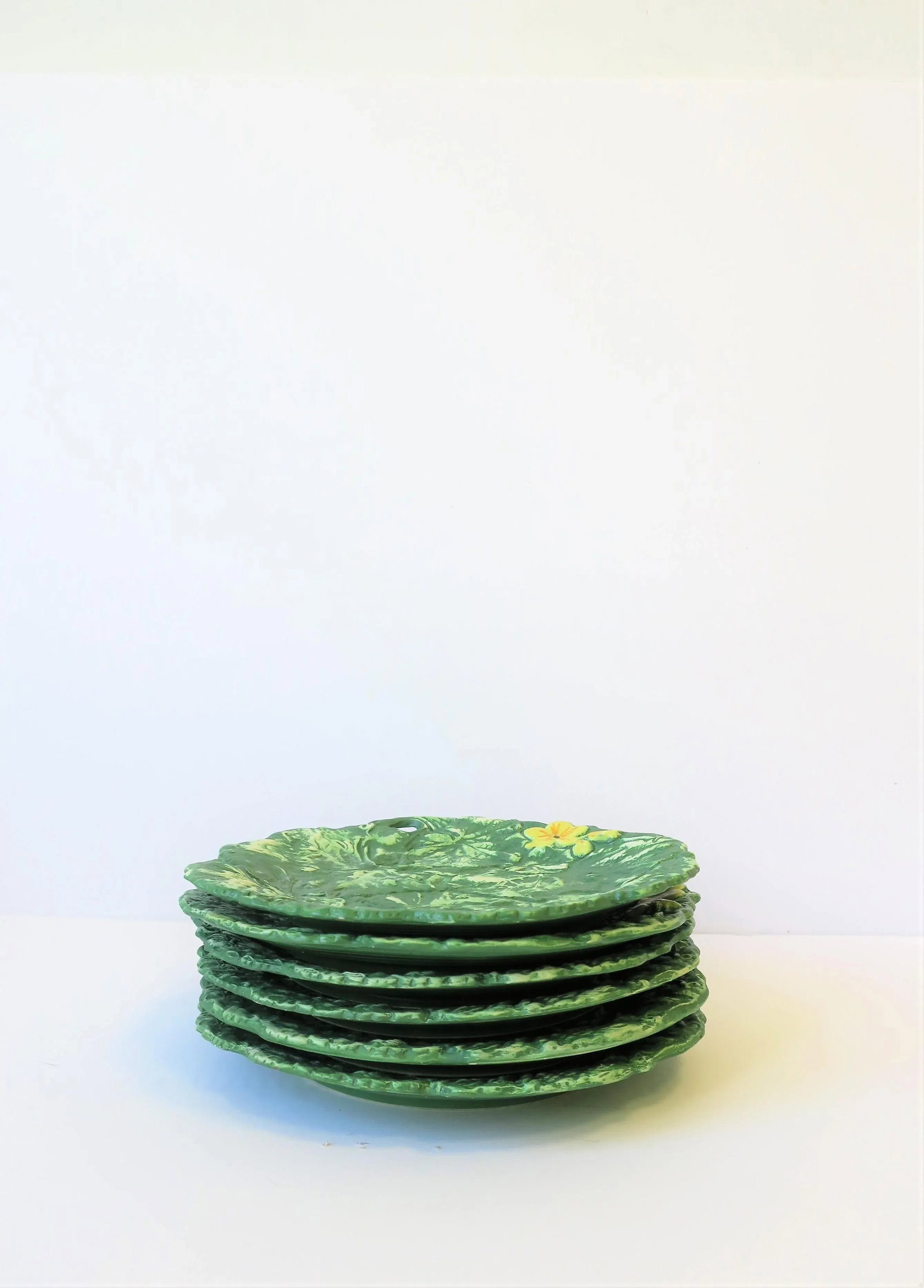 Italian Designer Green & Yellow Matte Pottery Plates with Lotus Leaf & Flower, 6 - 7