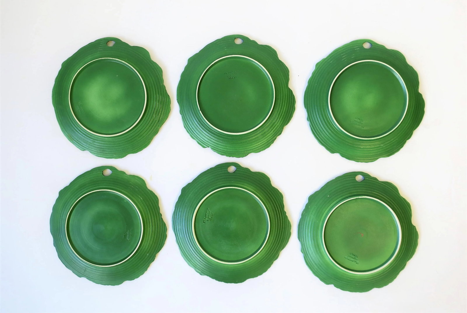 Italian Designer Green & Yellow Matte Pottery Plates with Lotus Leaf & Flower, 6 - 9