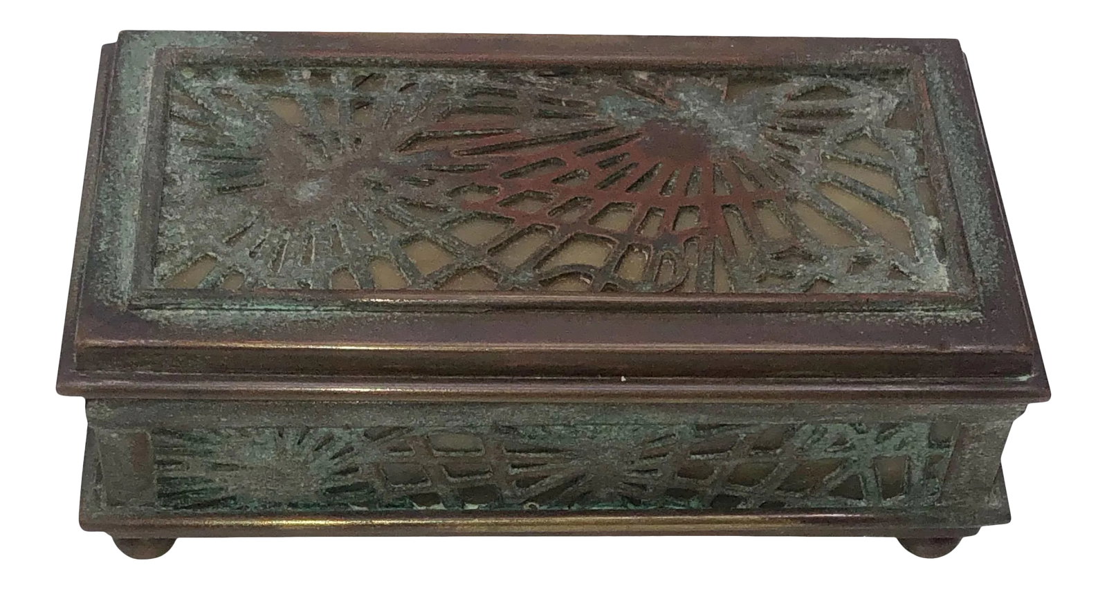 Tiffany Studios Stamp Box: An early 1900s Tiffany Studios pine needle, Carmel slag stamp box. Circa 1910 - 1920. Condition: Alterations: Original Condition Unaltered Imperfections: Some Imperfections Condition Notes: Excellent