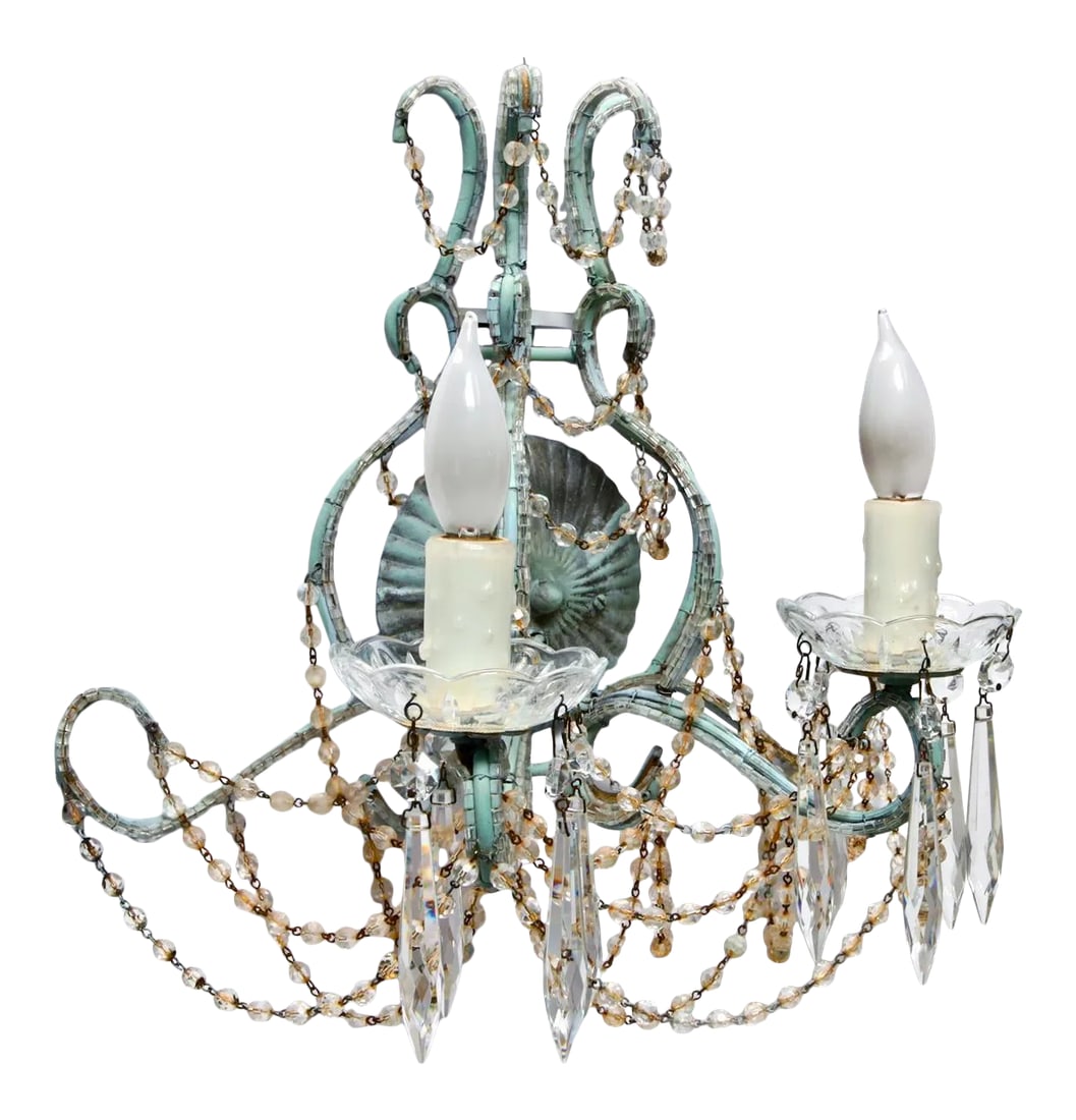 Early 20th Century Teal Crystal Beaded Wall Chandelier Sconce: Vintage European crystal beaded sconce, hand painted in aged blue finish. 2 lights with crystal cups & drops. Newly wired, no need for hardwire installation with in line switch & clear cord & plug.