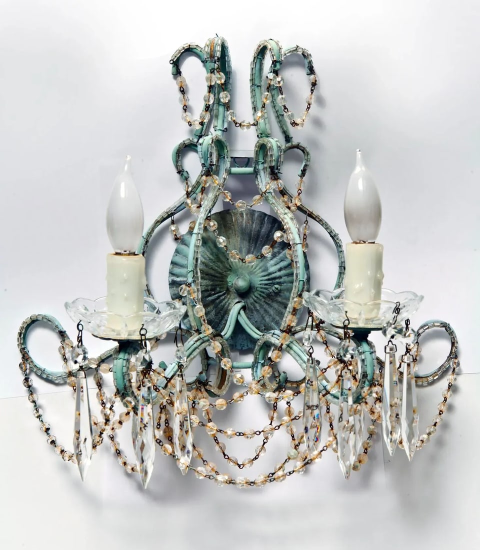 Early 20th Century Teal Crystal Beaded Wall Chandelier Sconce - 2