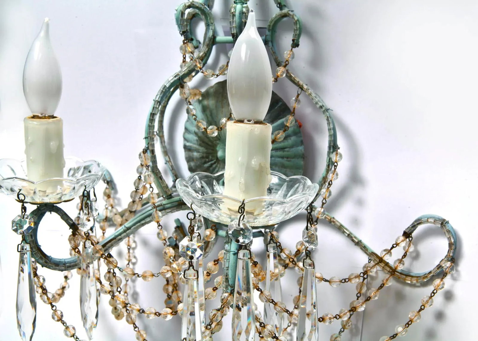Early 20th Century Teal Crystal Beaded Wall Chandelier Sconce - 3