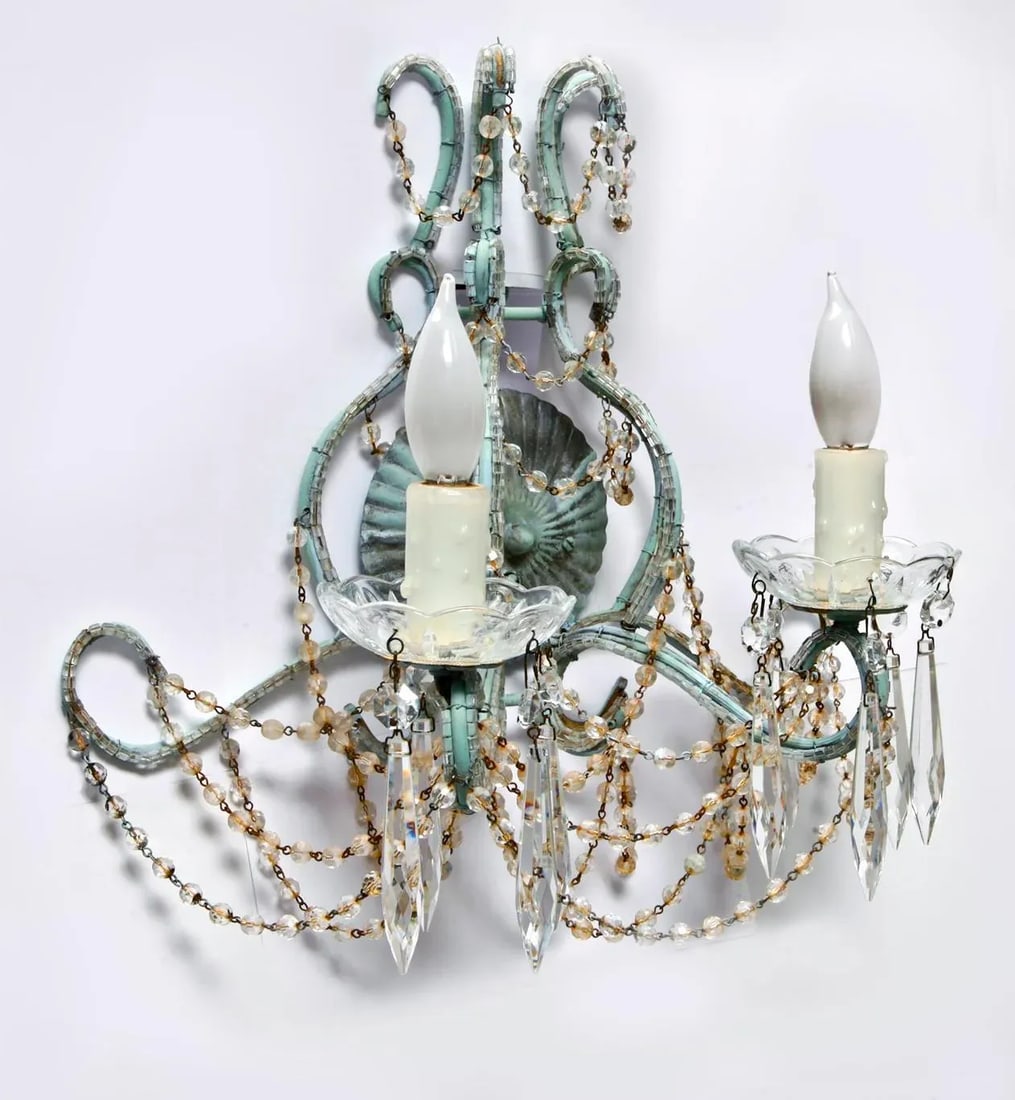 Early 20th Century Teal Crystal Beaded Wall Chandelier Sconce - 5