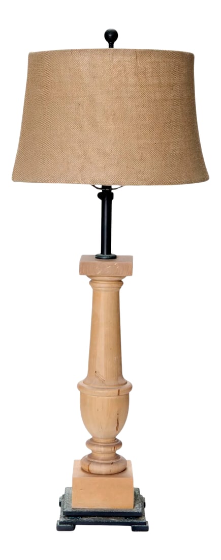 Early 20th Century Extendable Wood Column Table Lamp: Craftsman style pillar lamp in wood & metal with hidden extension pole which easily allows raising about 6 inches & lowering to 34". The mechanism functions very well. The blonde wood column is