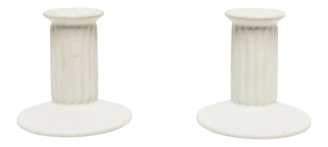 Neoclassical Euro White Column Candlestick Holders, Pair: A vintage pair of white ceramic 'column' candlestick holders, circa 1960s-1970s, Portugal. Both marked on bottom as show in image #11. Dimensions: 4.5" diameter base x 4.5" height. Condition:
