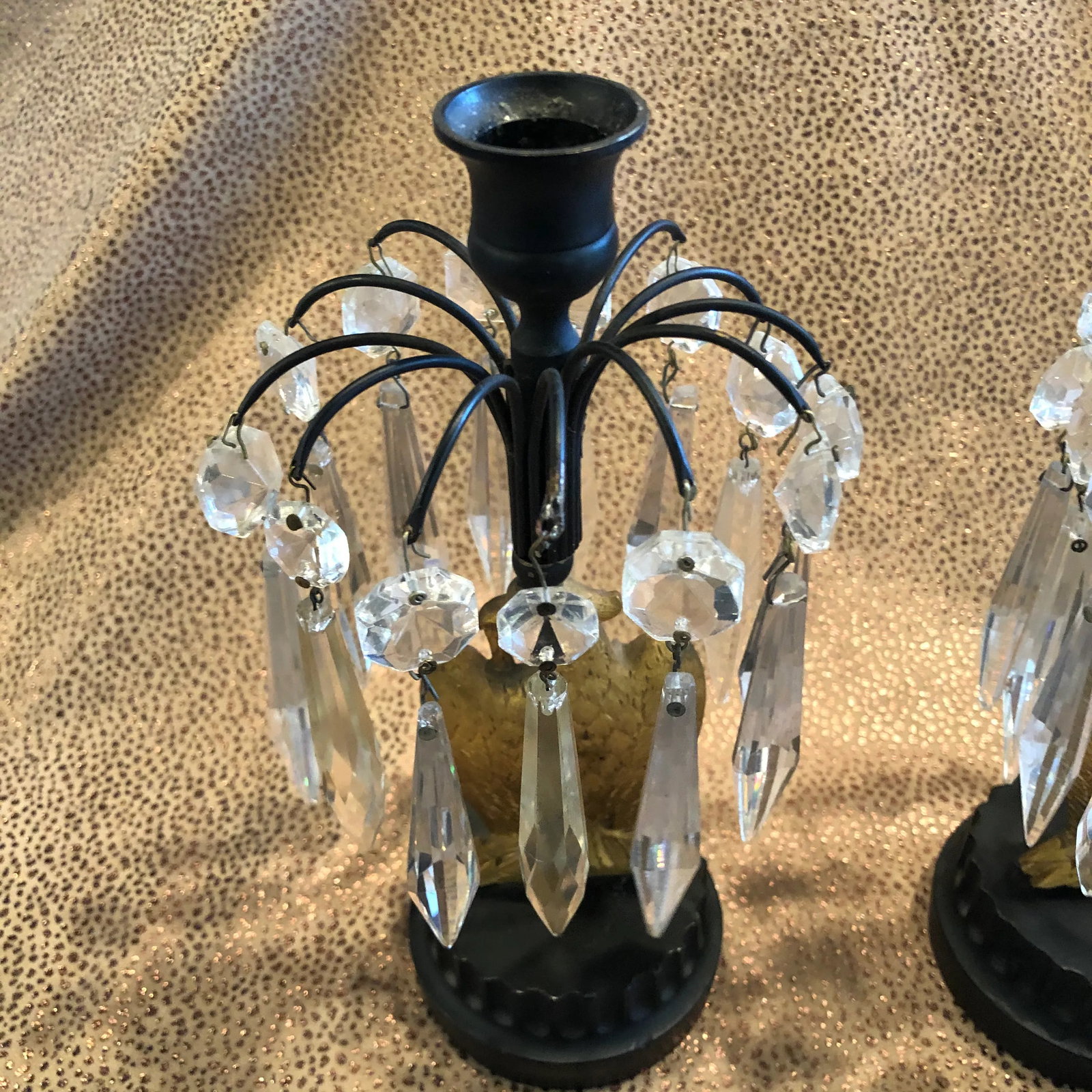 Mid 19th Century French Empire Metal Marble and Gilt Ormolu Eagle Crystal Luster Candle Holders - a - 10