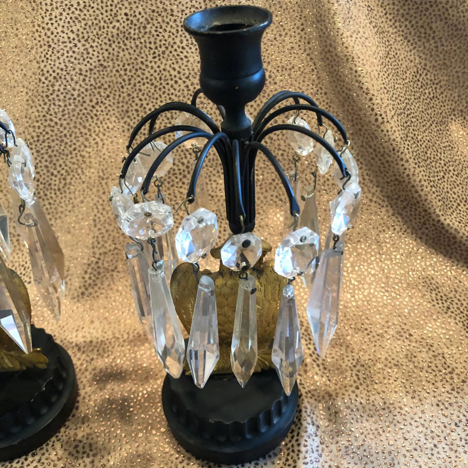 Mid 19th Century French Empire Metal Marble and Gilt Ormolu Eagle Crystal Luster Candle Holders - a - 11
