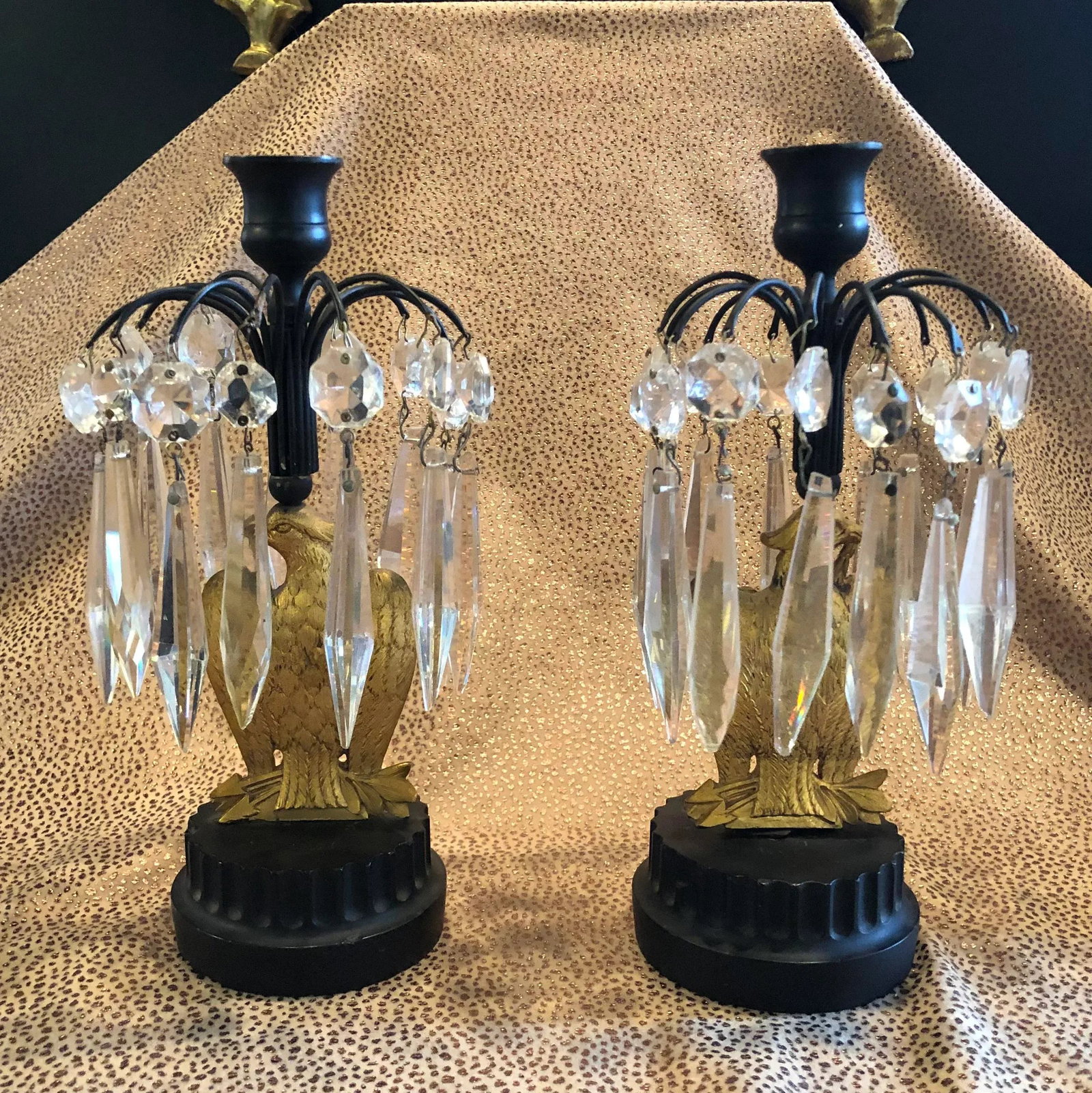 Mid 19th Century French Empire Metal Marble and Gilt Ormolu Eagle Crystal Luster Candle Holders - a - 12