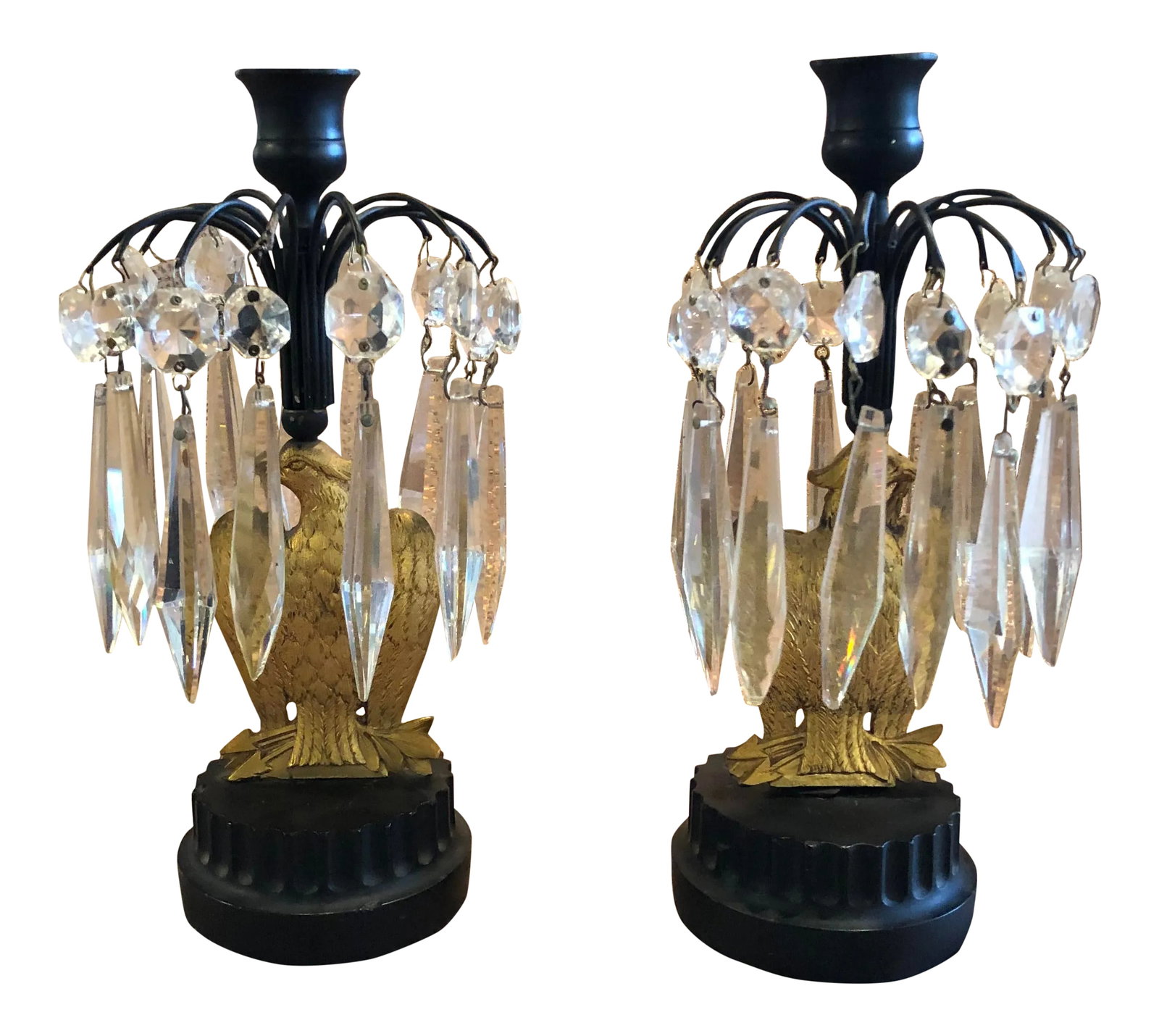 Mid 19th Century French Empire Metal Marble and Gilt Ormolu Eagle Crystal Luster Candle Holders - a: Pair of French Empire Circa 1840-1870 Black Metal on Black Marble Base with Gilt Ormolu Eagle and Crystal Luster Candle Holders. Great condition with mild wear associated with age and gentle use. See