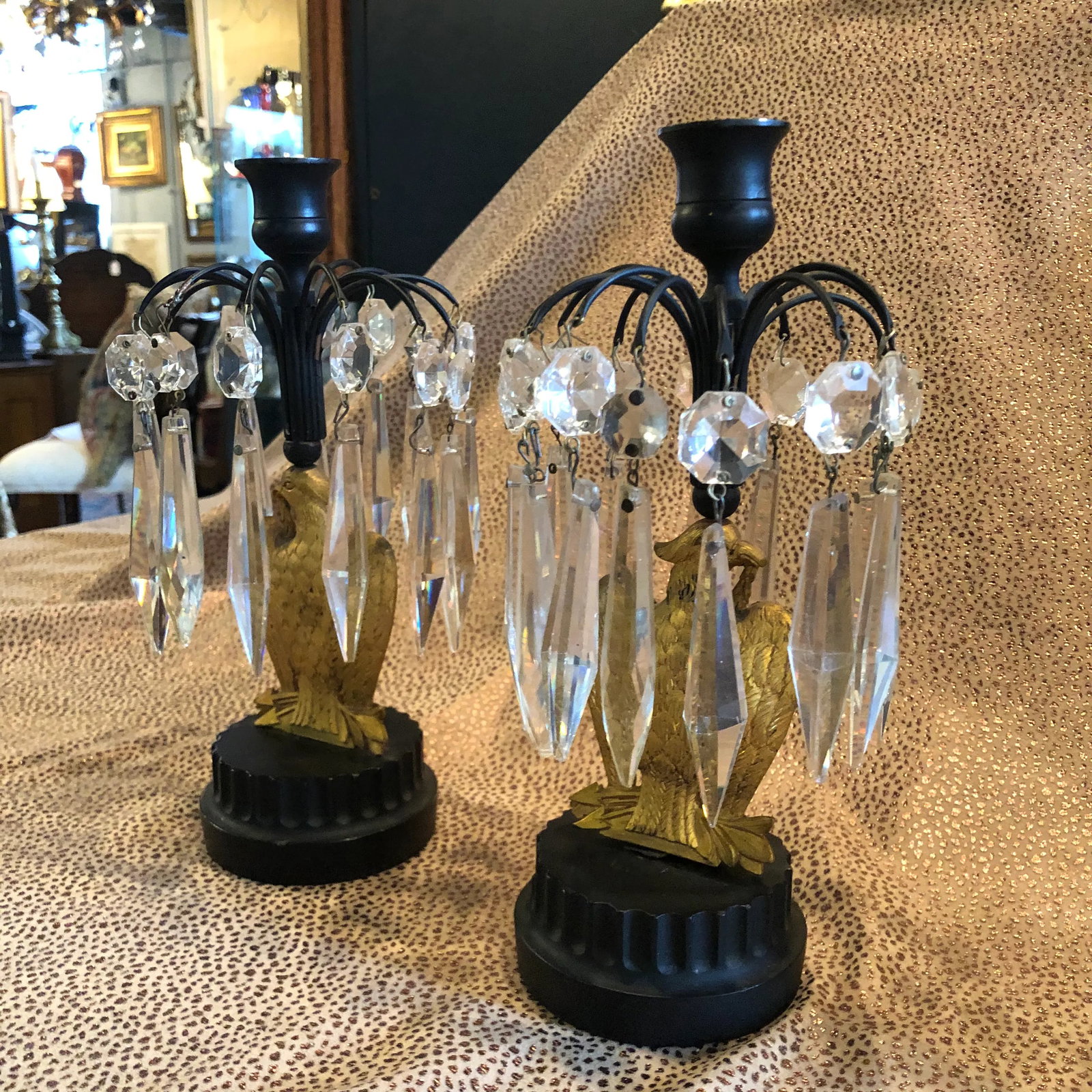 Mid 19th Century French Empire Metal Marble and Gilt Ormolu Eagle Crystal Luster Candle Holders - a - 2