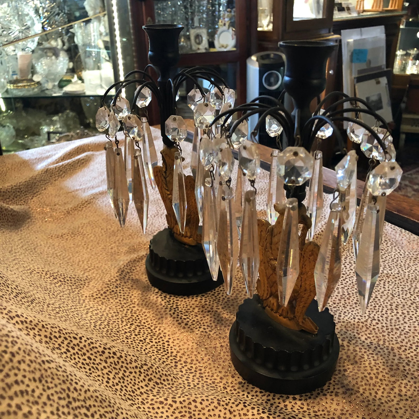 Mid 19th Century French Empire Metal Marble and Gilt Ormolu Eagle Crystal Luster Candle Holders - a - 3